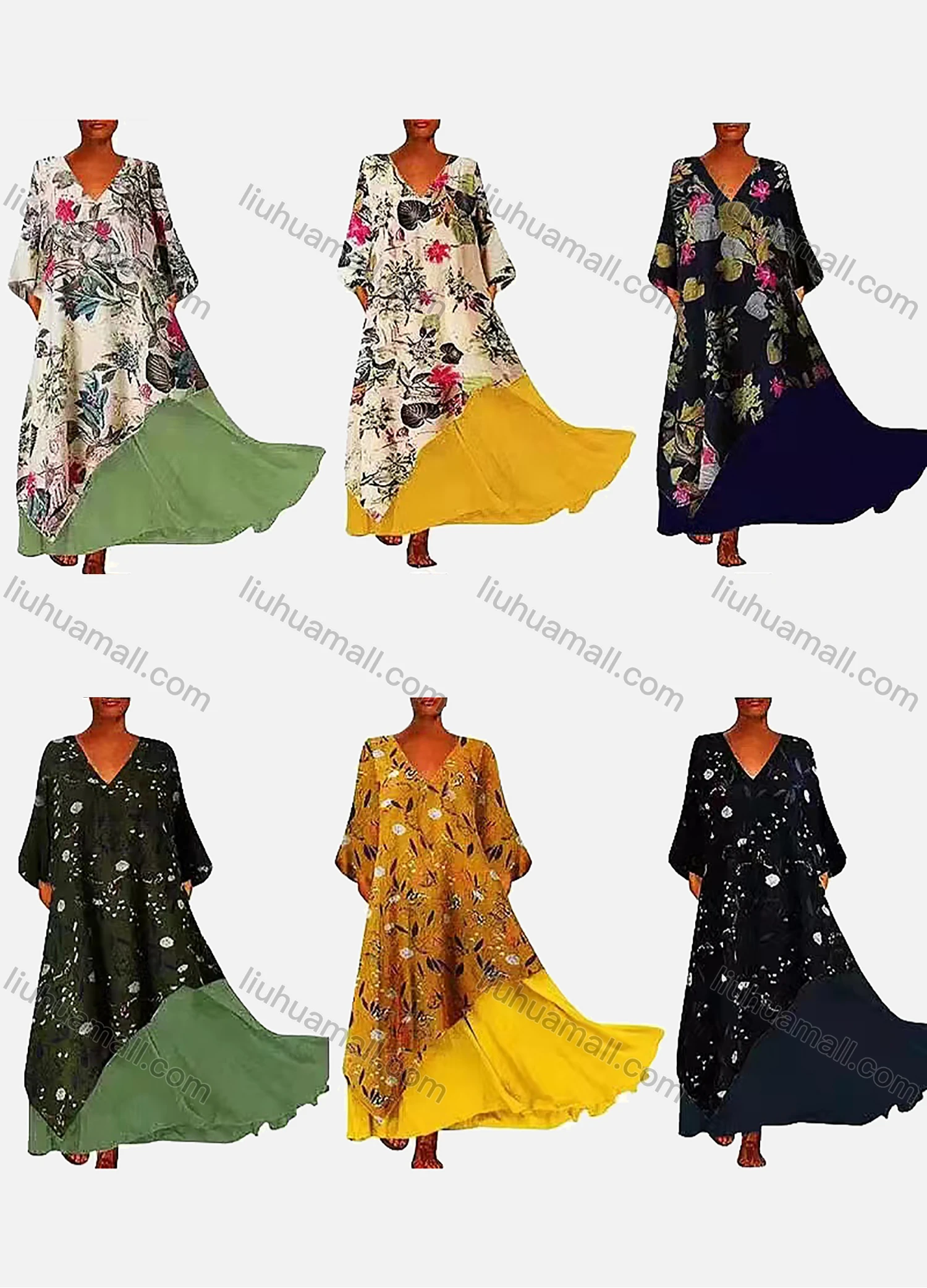Wholesale Women's Causal 3/4 Sleeve Floral Print Splicing Loose Maxi Dress 805# - Liuhuamall