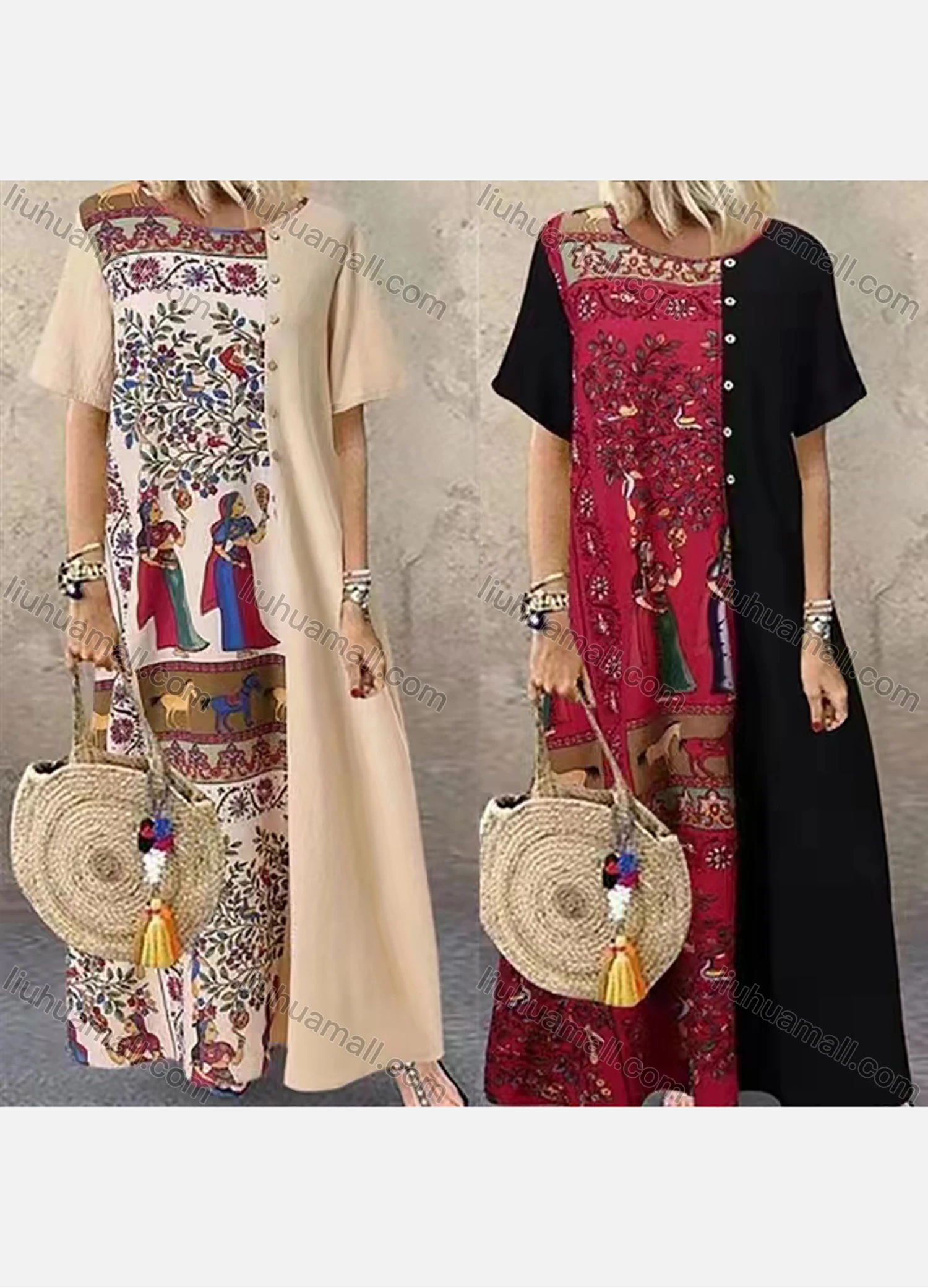 Wholesale Women's Causal Short Sleeve Patchwork Splicing Loose Maxi Dress - Liuhuamall