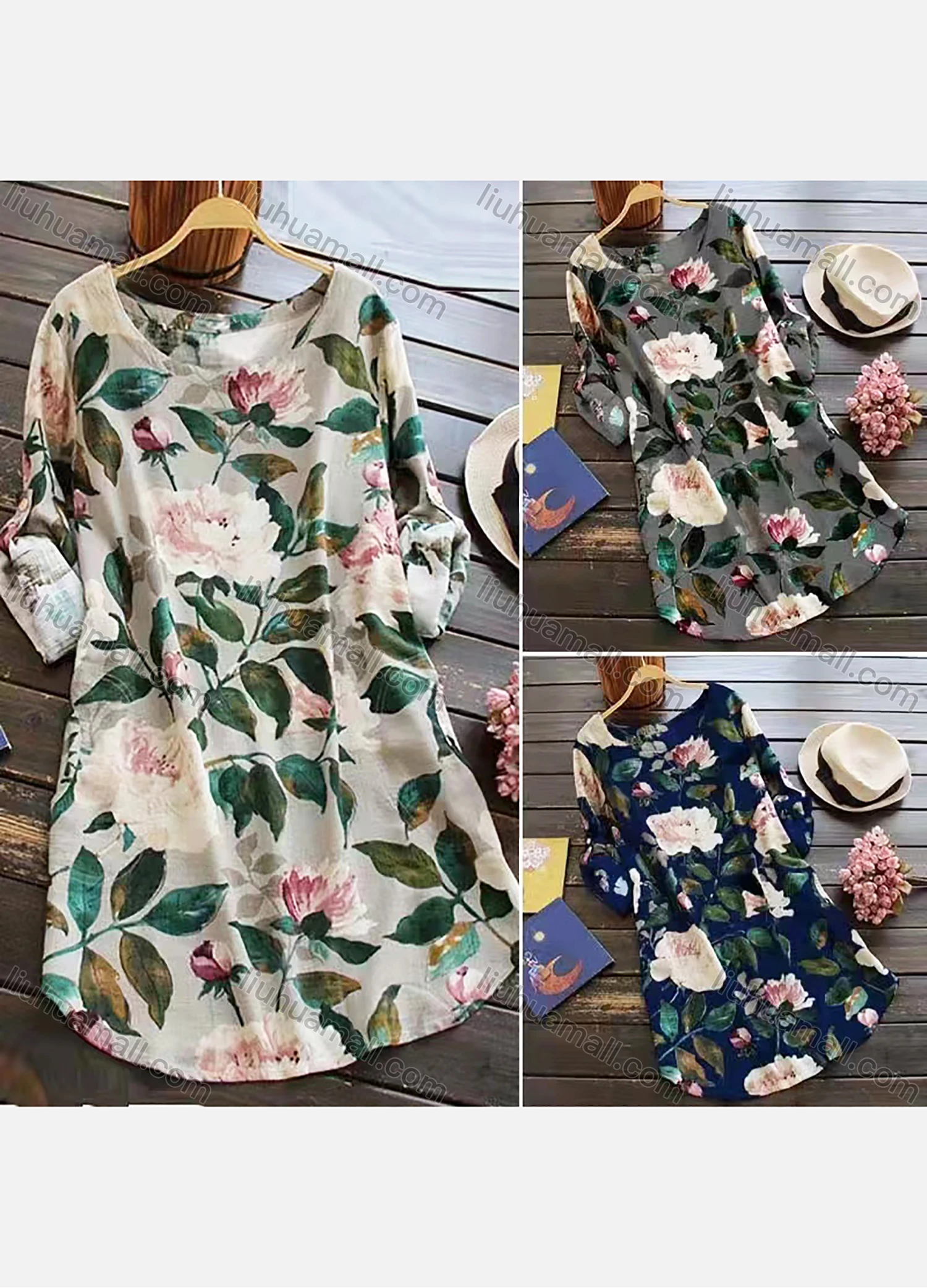 Wholesale Women's Elegant Scoop Neck Scoop Neck Floral Print Knee Length Dress - Liuhuamall