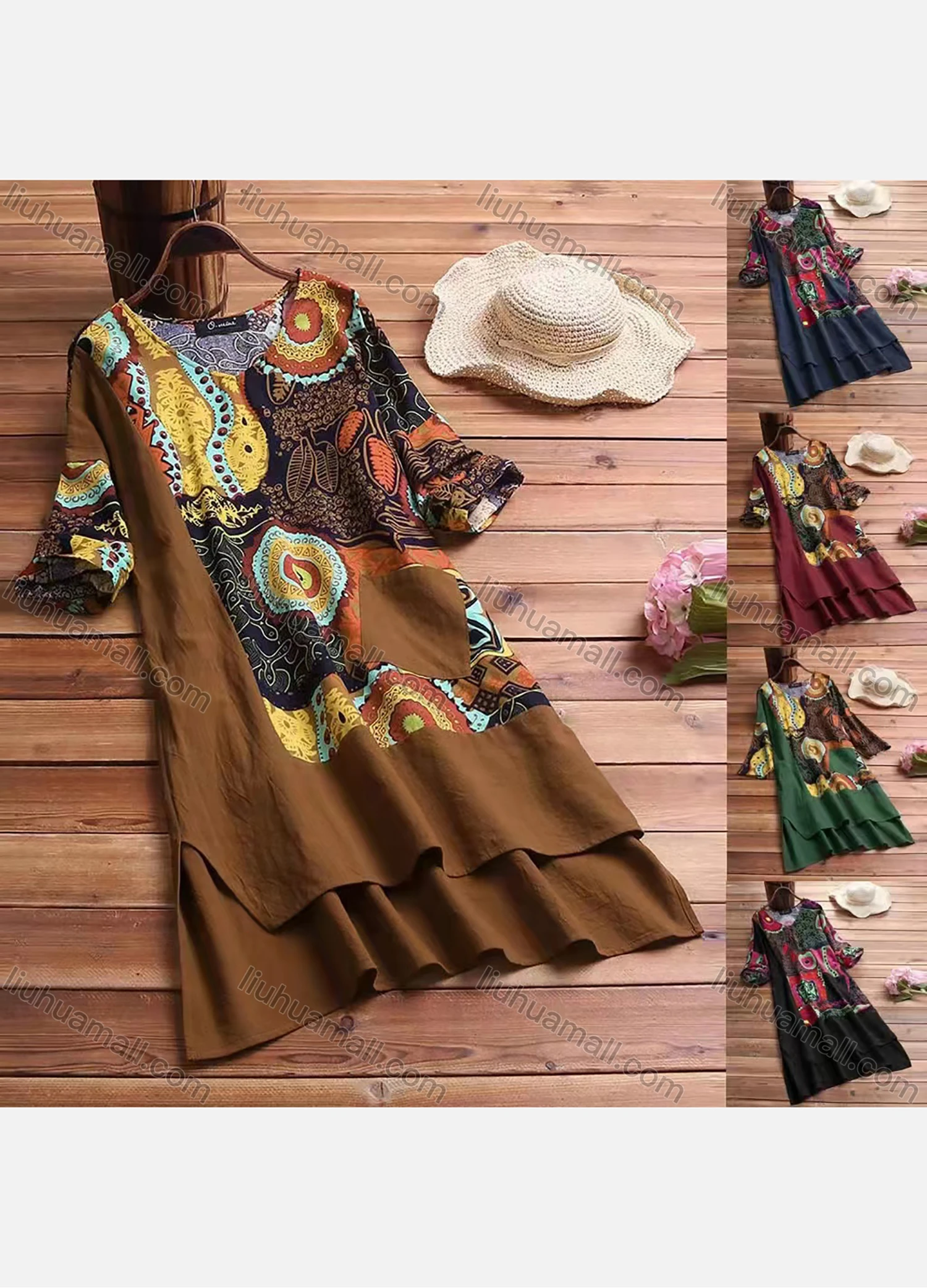 Wholesale Women's Casual Half Sleeve Scoop Neck Folk Art Print Splicing Layered Maxi Dress With Patch Pocket - Liuhuamall