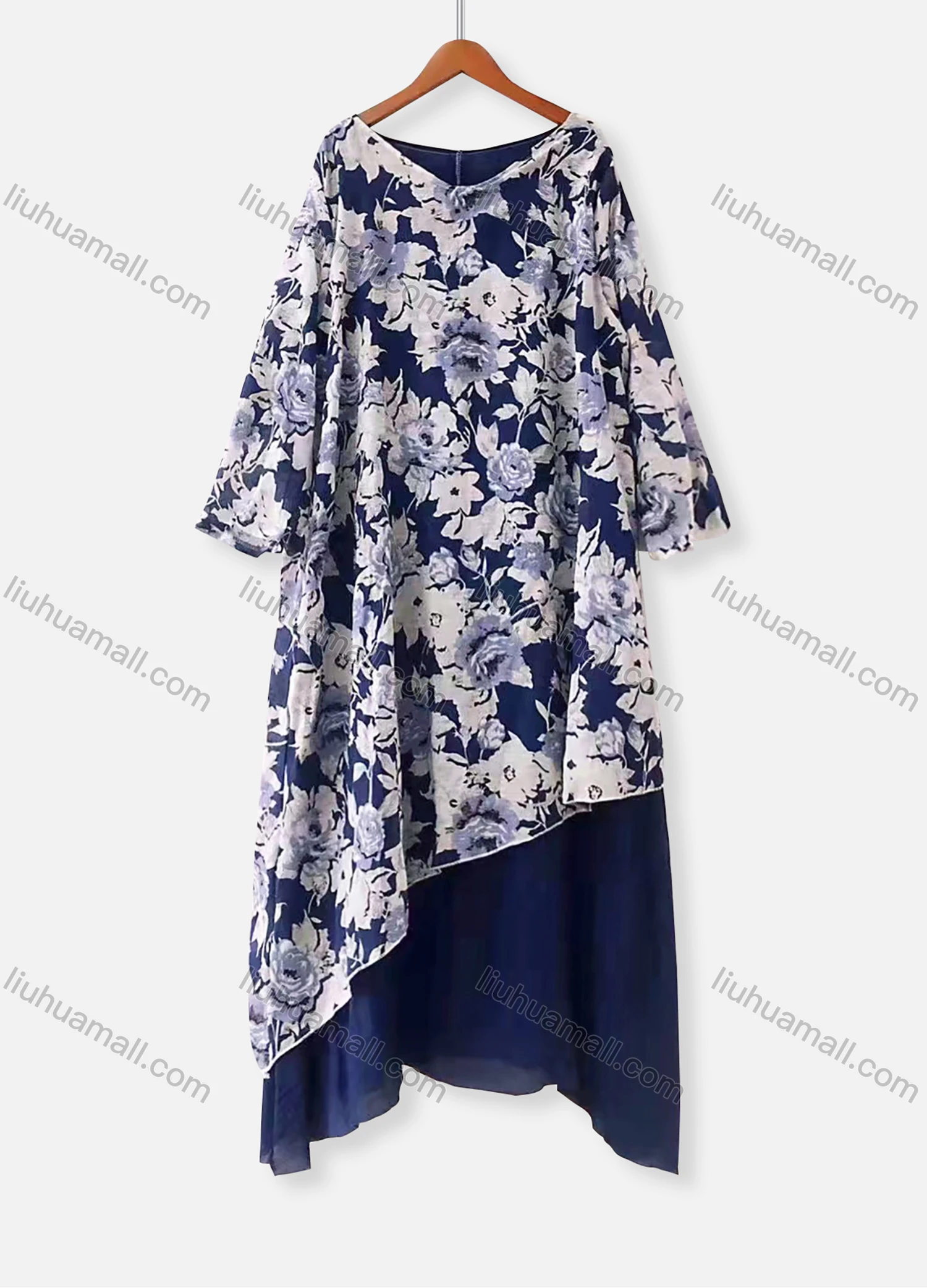 Wholesale Women's Causal 3/4 Sleeve Floral Print Splicing Loose Maxi Dress - Liuhuamall