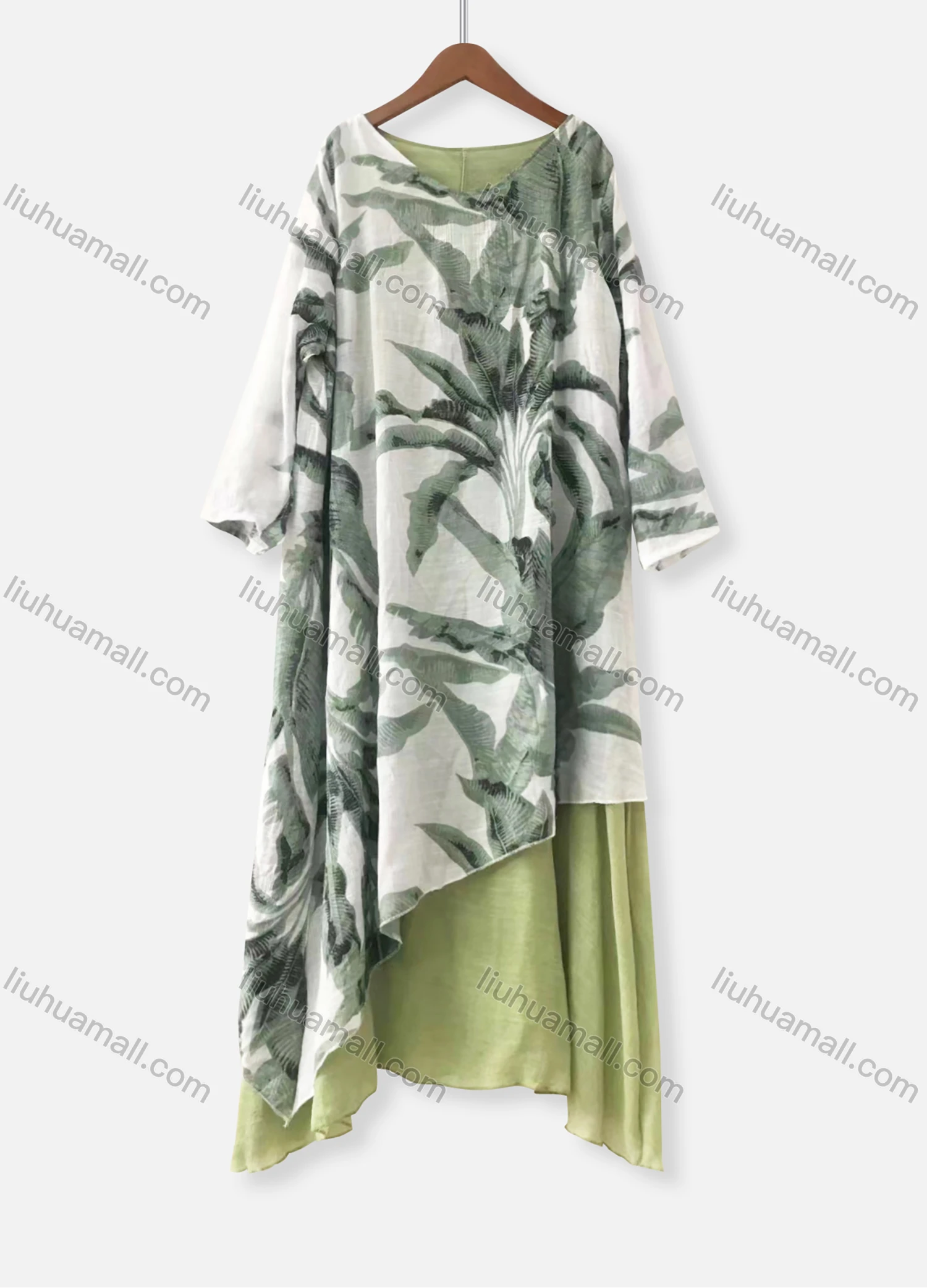 Wholesale Women's Causal 3/4 Sleeve Plants Print Splicing Loose Maxi Dress - Liuhuamall
