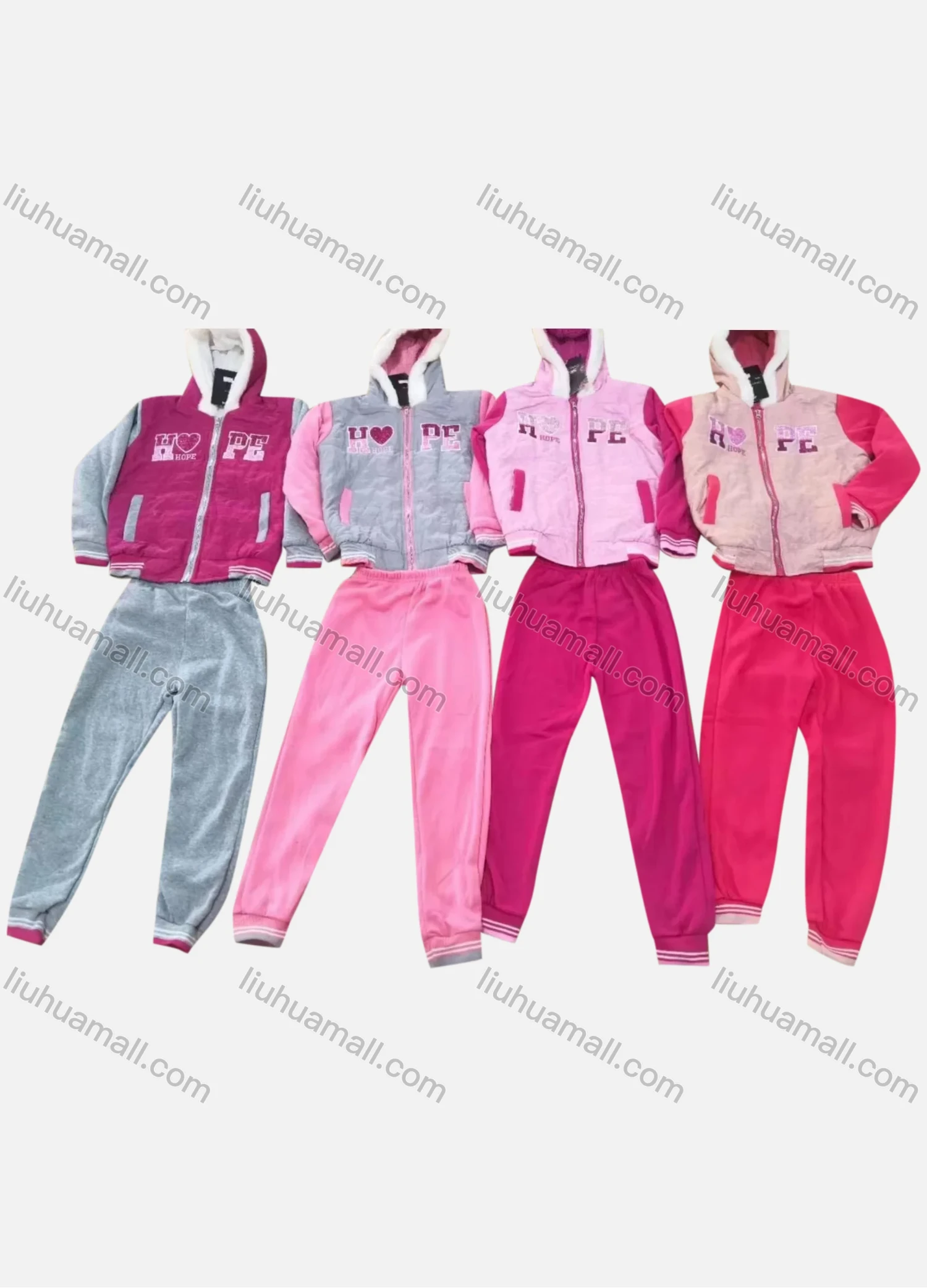 Wholesale Girls Casual Fuzzy Hooded Zipper Jacket & Sweatpants 2-piece Set 8820# - Liuhuamall