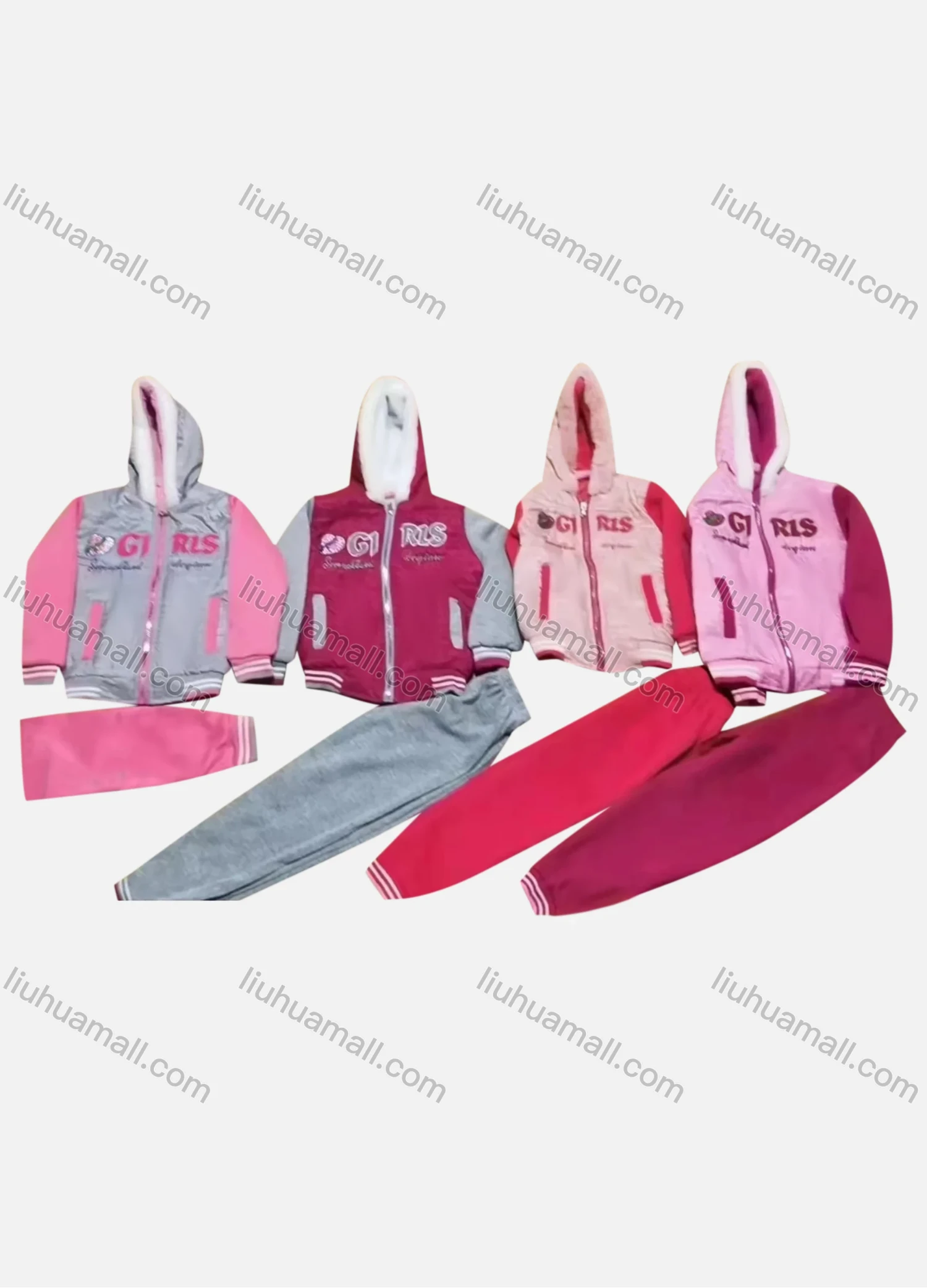 Wholesale Girls Casual Fuzzy Hooded Zipper Jacket & Sweatpants 2-piece Set 8817# - Liuhuamall