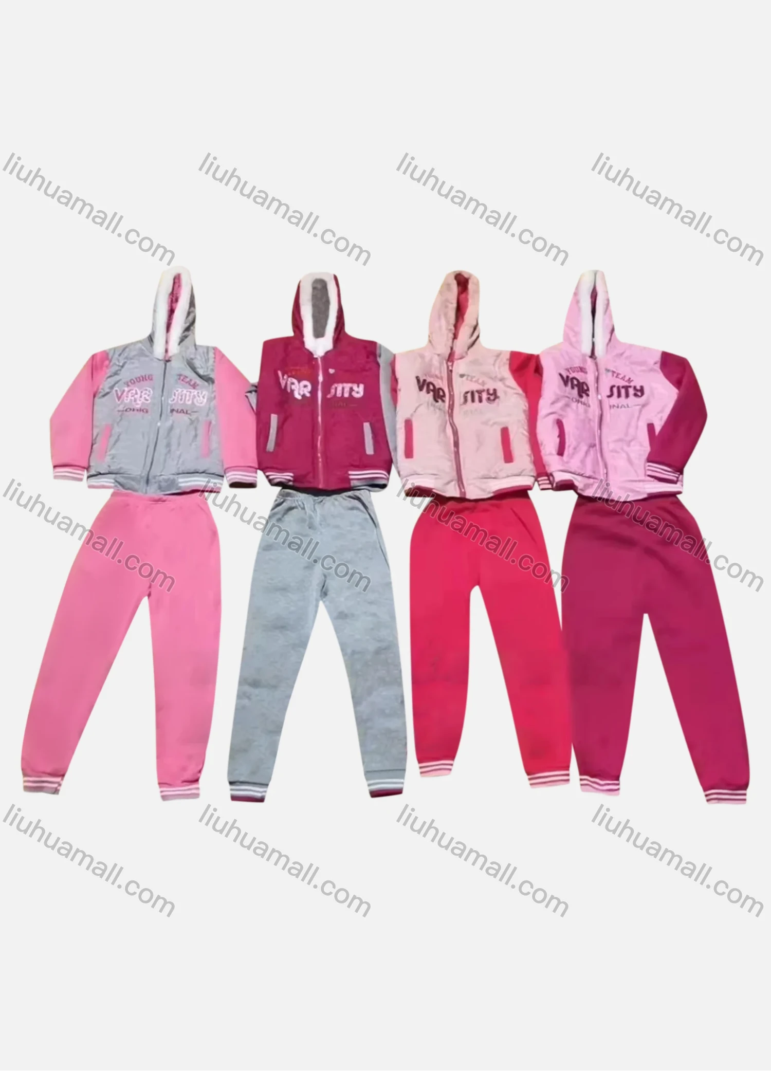 Wholesale Girls Casual Fuzzy Hooded Zipper Jacket & Sweatpants 2-piece Set 8816# - Liuhuamall