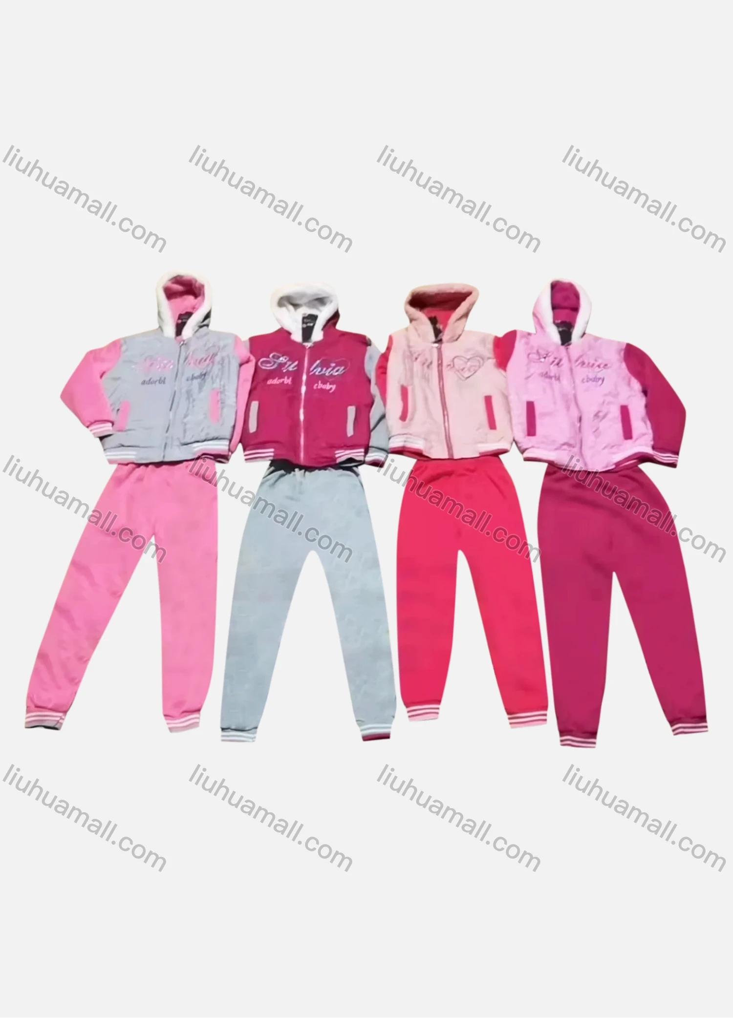 Wholesale Girls Casual Fuzzy Hooded Zipper Jacket & Sweatpants 2-piece Set 8815# - Liuhuamall