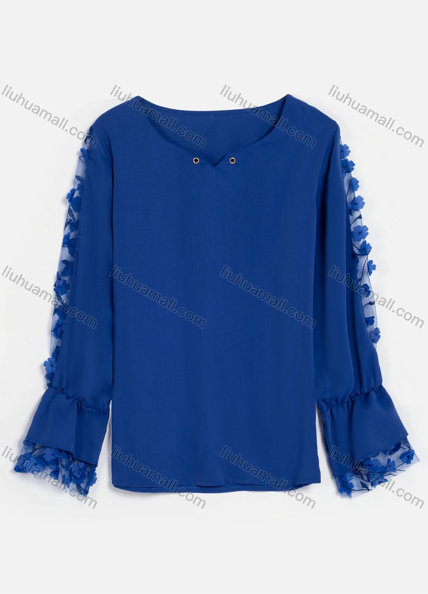 Wholesale Women's Casual Plain V Neck Mesh Splicing 3D Flower Appliques Long Sleeve Blouse C046# - Liuhuamall