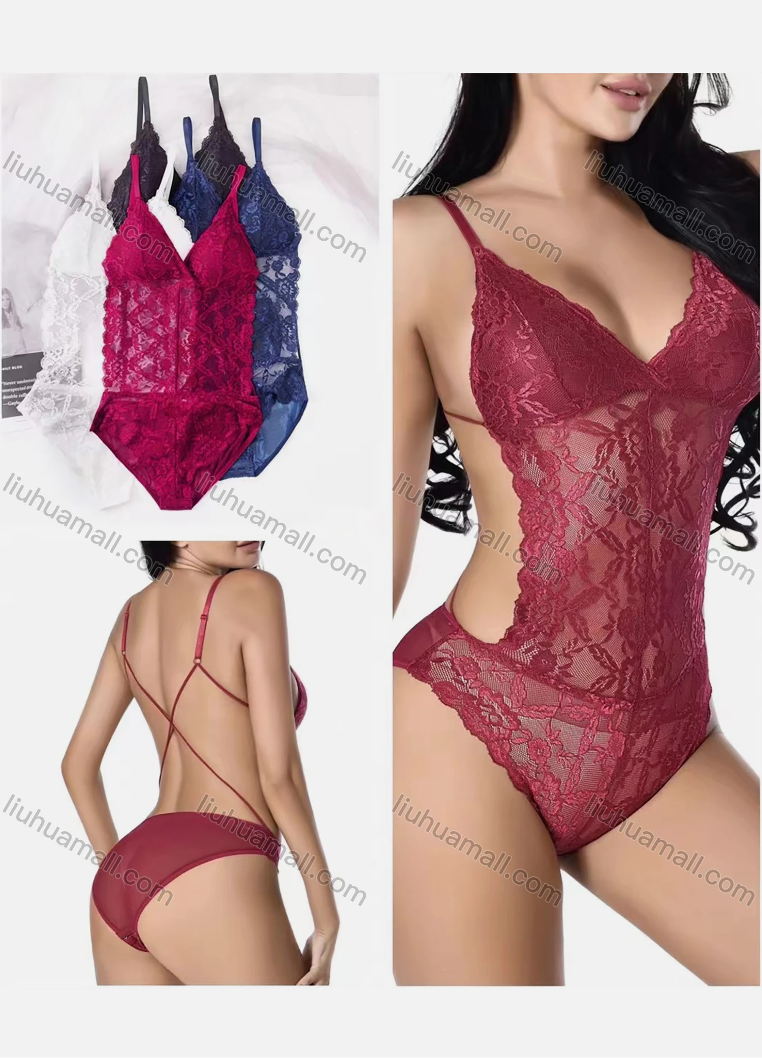 Wholesale Women's Sexy Lace Spaghetti Strap One Piece Lingerie Bodysuit 207# - Liuhuamall