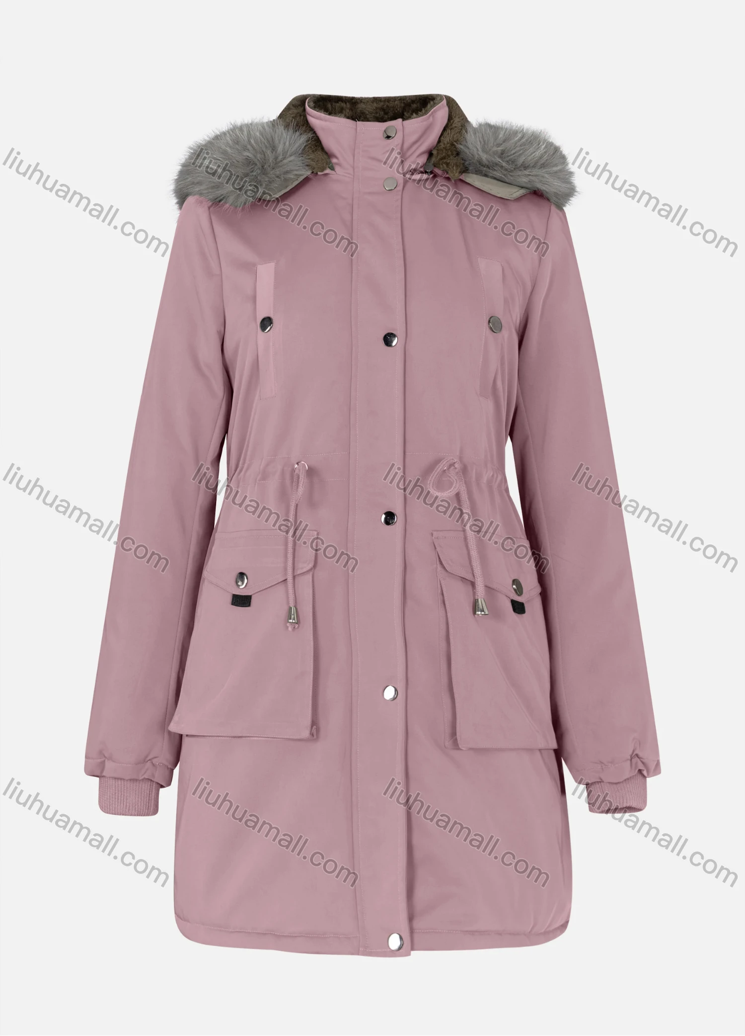 Wholesale Women's Casual Plain Drawstring Flap Pockets Button Down Long Sleeve Fleece Hooded Parka Winter Coat 2ML-102# - Liuhuamall