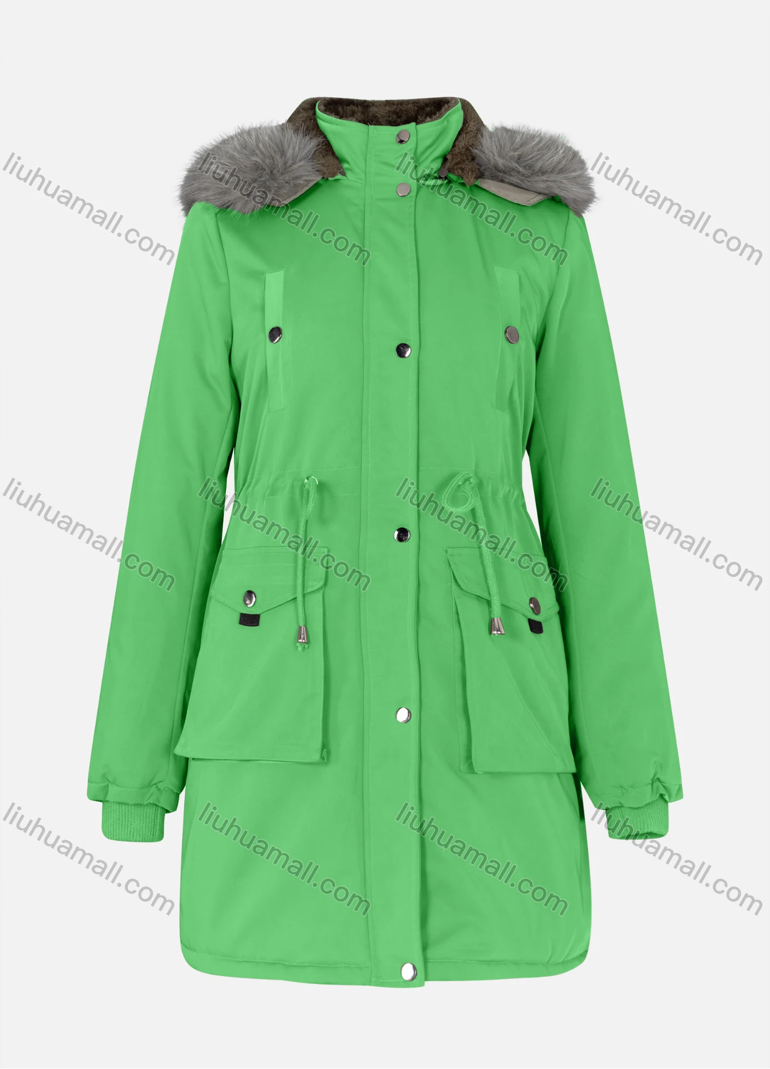 Wholesale Women's Casual Plain Drawstring Flap Pockets Button Down Long Sleeve Fleece Hooded Parka Winter Coat 2ML-102# - Liuhuamall