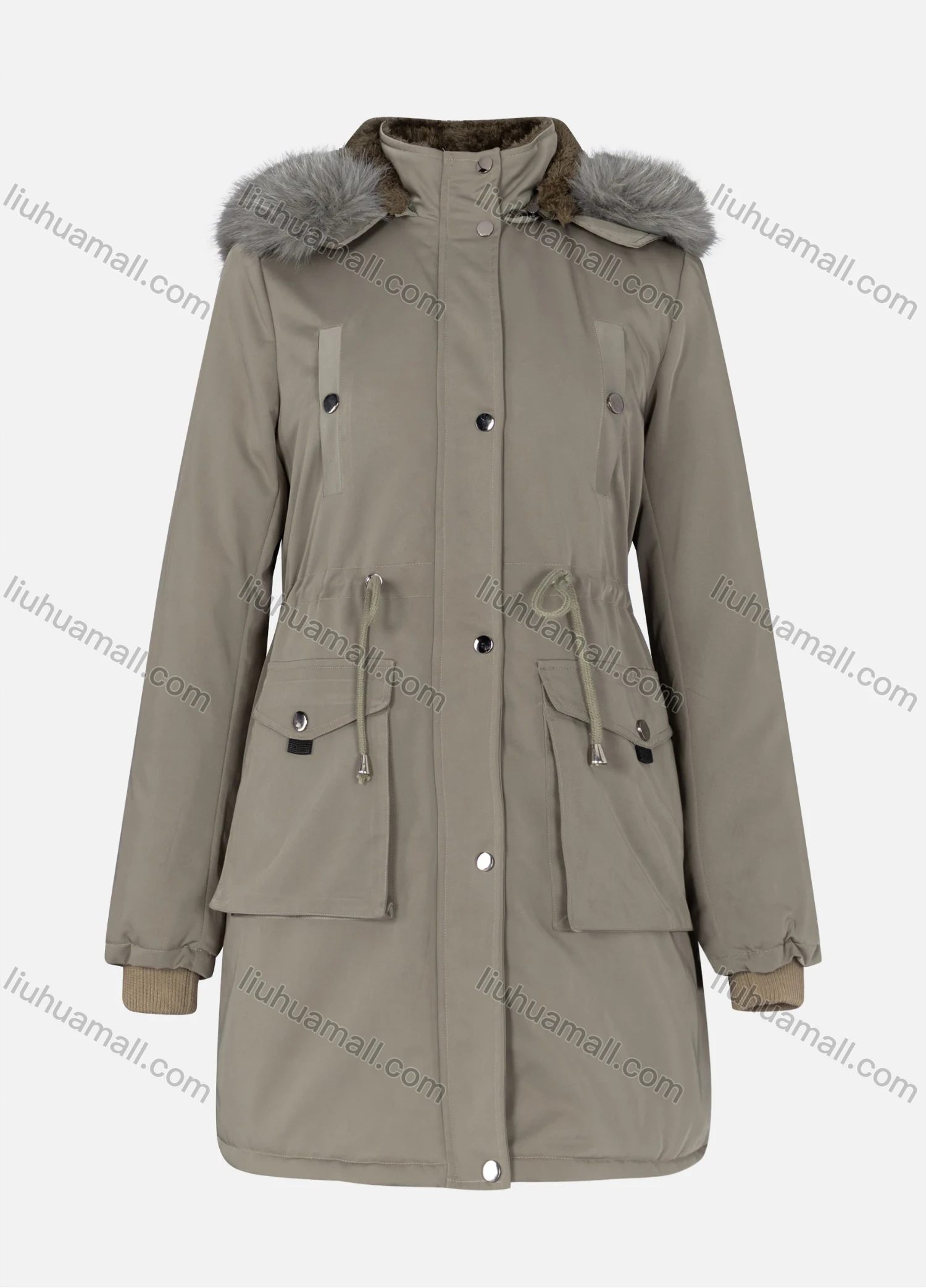 Wholesale Women's Casual Plain Drawstring Flap Pockets Button Down Long Sleeve Fleece Hooded Parka Winter Coat 2ML-102# - Liuhuamall