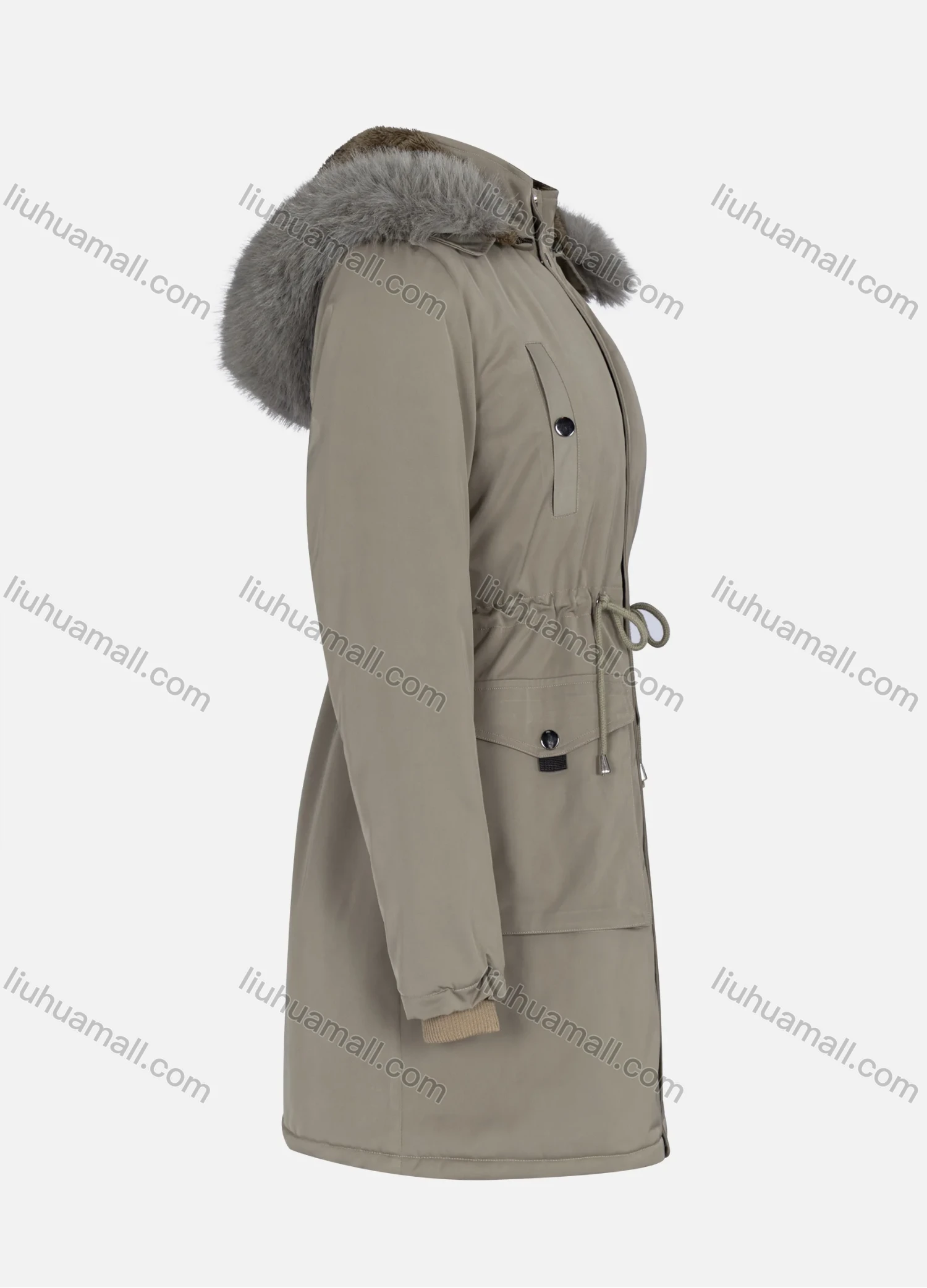 Wholesale Women's Casual Plain Drawstring Flap Pockets Button Down Long Sleeve Fleece Hooded Parka Winter Coat 2ML-102# - Liuhuamall