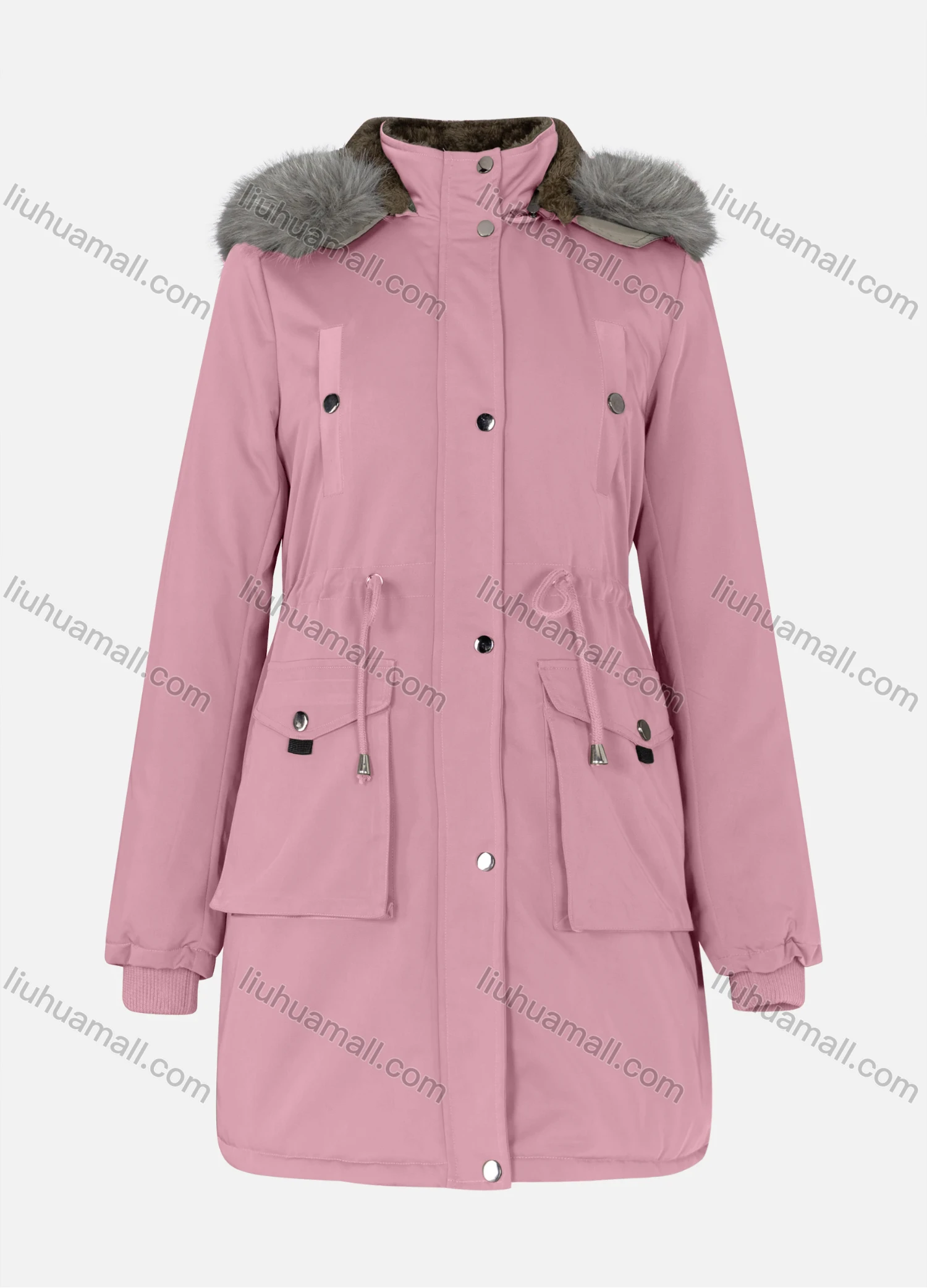 Wholesale Women's Casual Plain Drawstring Flap Pockets Button Down Long Sleeve Fleece Hooded Parka Winter Coat 2ML-102# - Liuhuamall