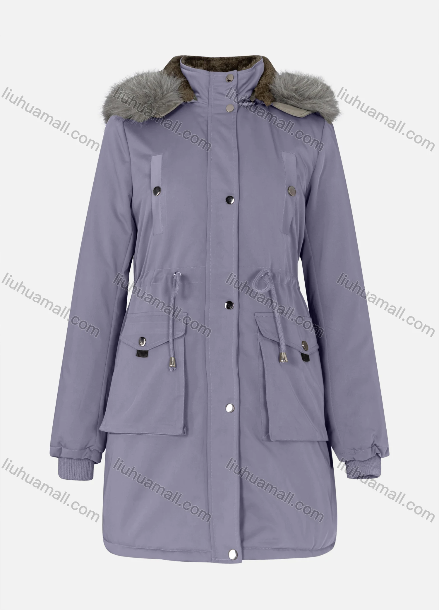 Wholesale Women's Casual Plain Drawstring Flap Pockets Button Down Long Sleeve Fleece Hooded Parka Winter Coat 2ML-102# - Liuhuamall