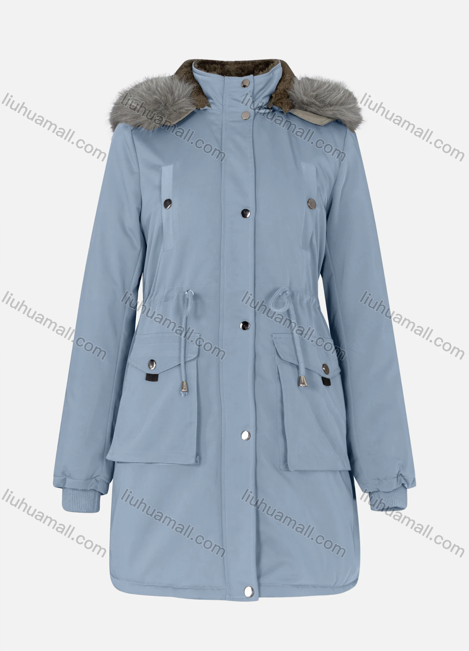 Wholesale Women's Casual Plain Drawstring Flap Pockets Button Down Long Sleeve Fleece Hooded Parka Winter Coat 2ML-102# - Liuhuamall