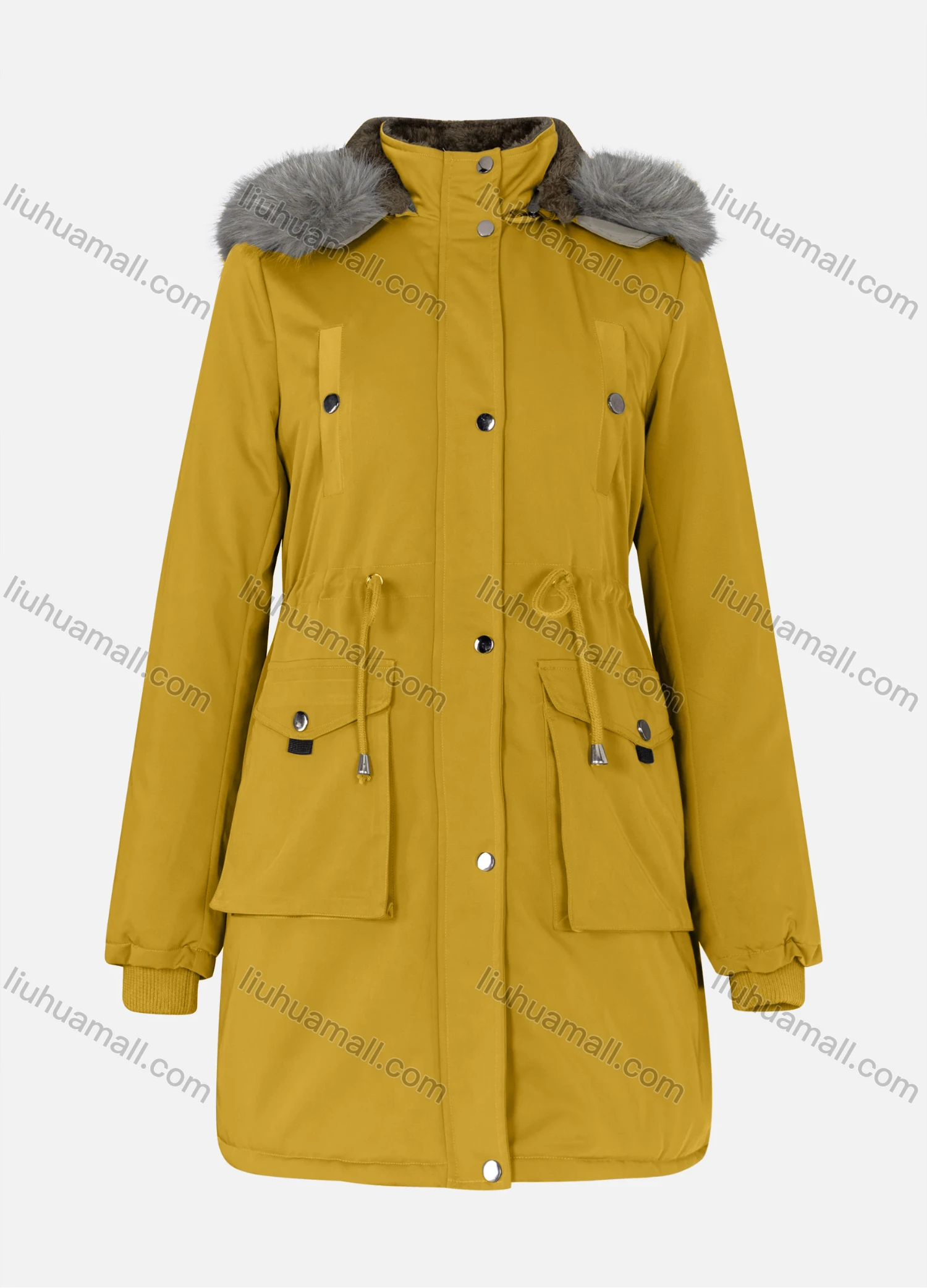 Wholesale Women's Casual Plain Drawstring Flap Pockets Button Down Long Sleeve Fleece Hooded Parka Winter Coat 2ML-102# - Liuhuamall