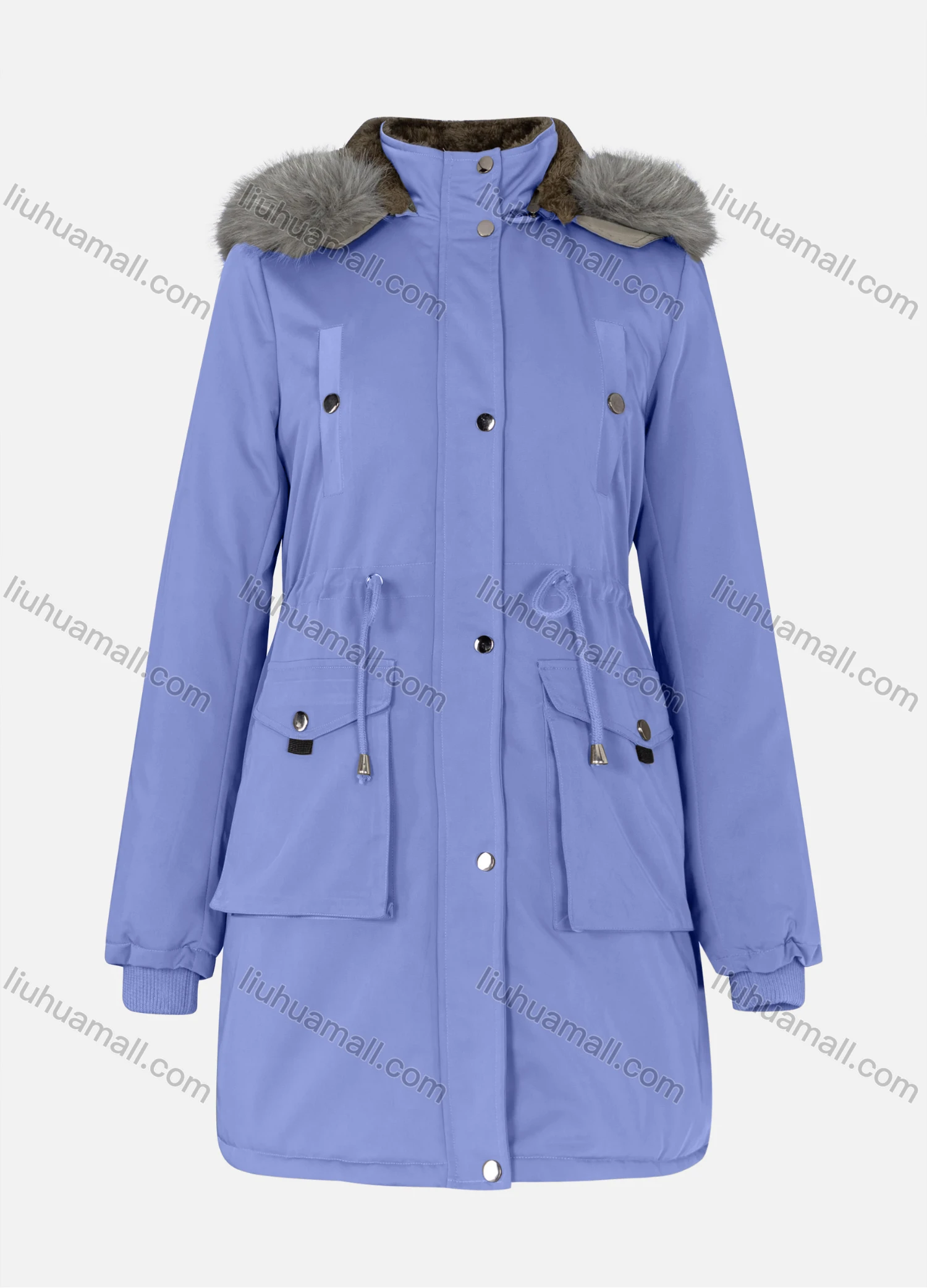 Wholesale Women's Casual Plain Drawstring Flap Pockets Button Down Long Sleeve Fleece Hooded Parka Winter Coat 2ML-102# - Liuhuamall