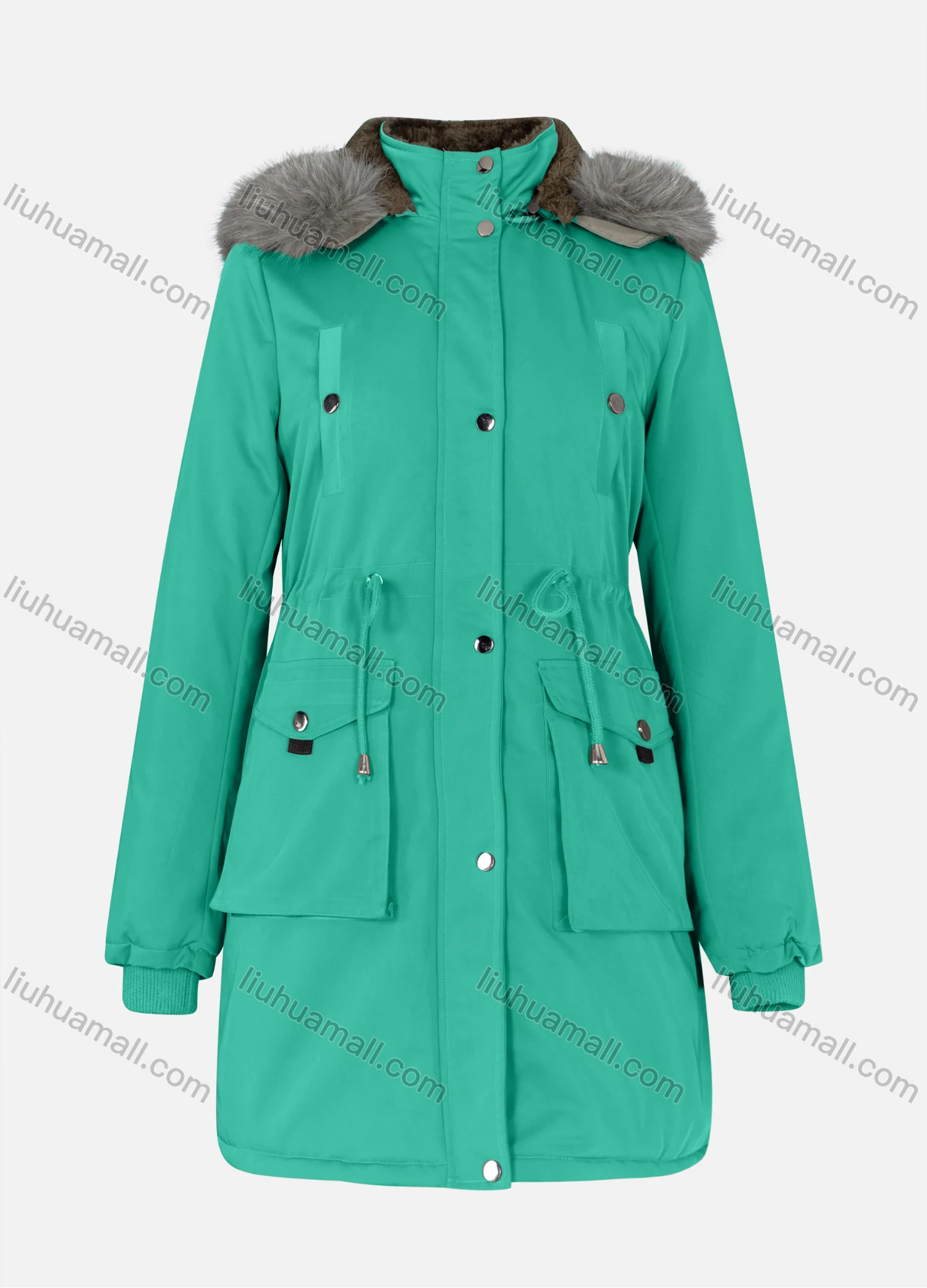 Wholesale Women's Casual Plain Drawstring Flap Pockets Button Down Long Sleeve Fleece Hooded Parka Winter Coat 2ML-102# - Liuhuamall