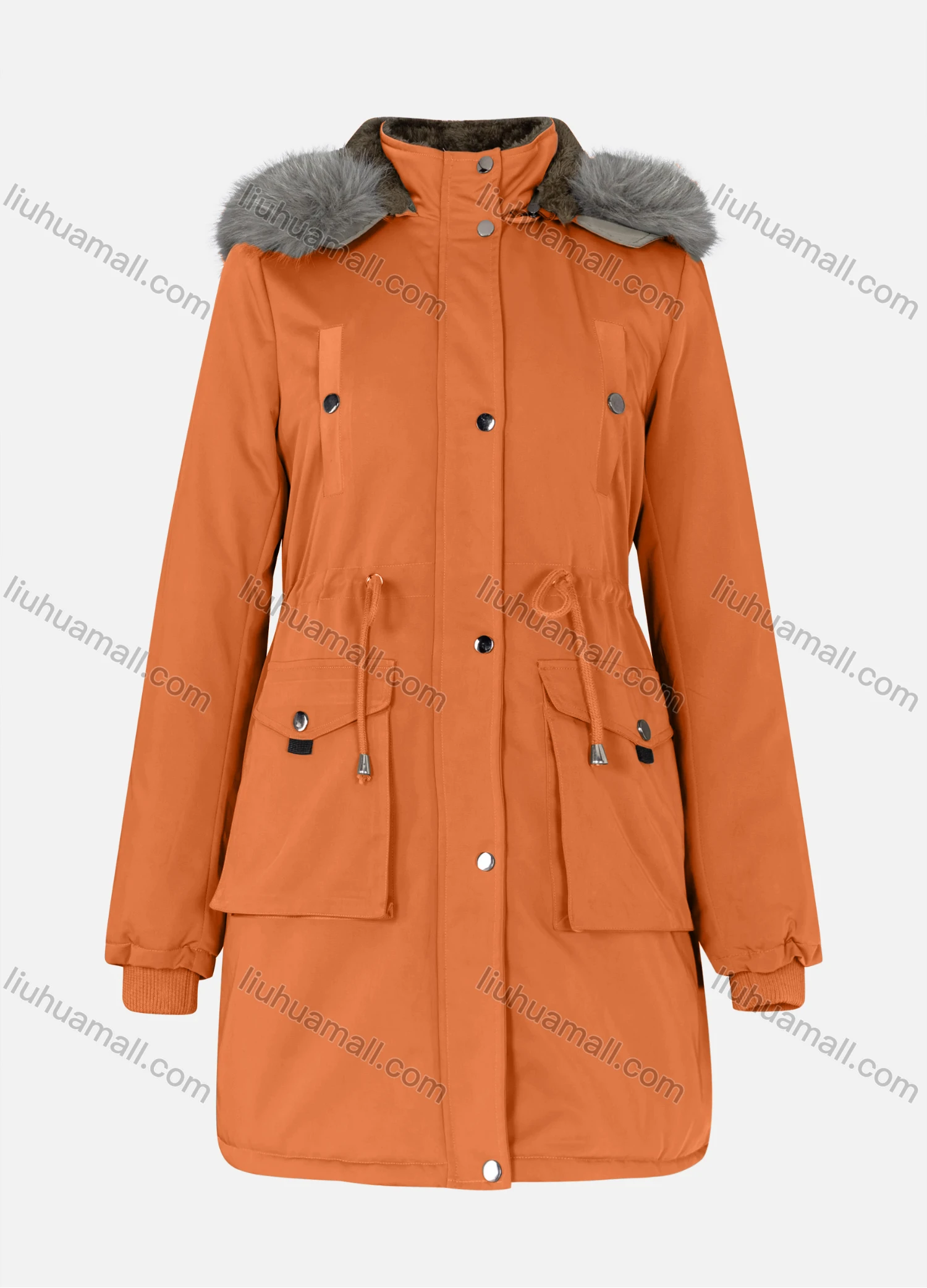 Wholesale Women's Casual Plain Drawstring Flap Pockets Button Down Long Sleeve Fleece Hooded Parka Winter Coat 2ML-102# - Liuhuamall