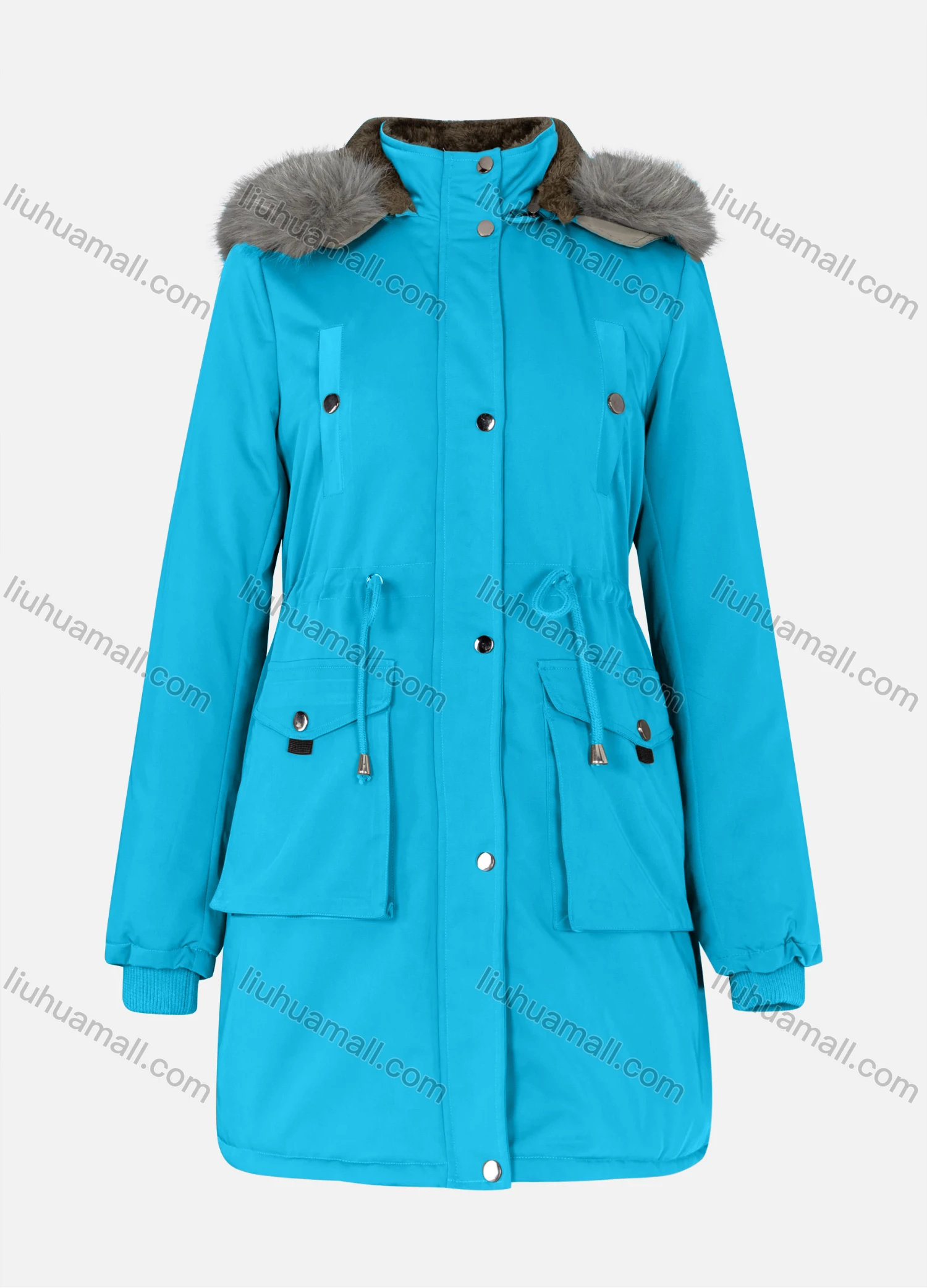 Wholesale Women's Casual Plain Drawstring Flap Pockets Button Down Long Sleeve Fleece Hooded Parka Winter Coat 2ML-102# - Liuhuamall