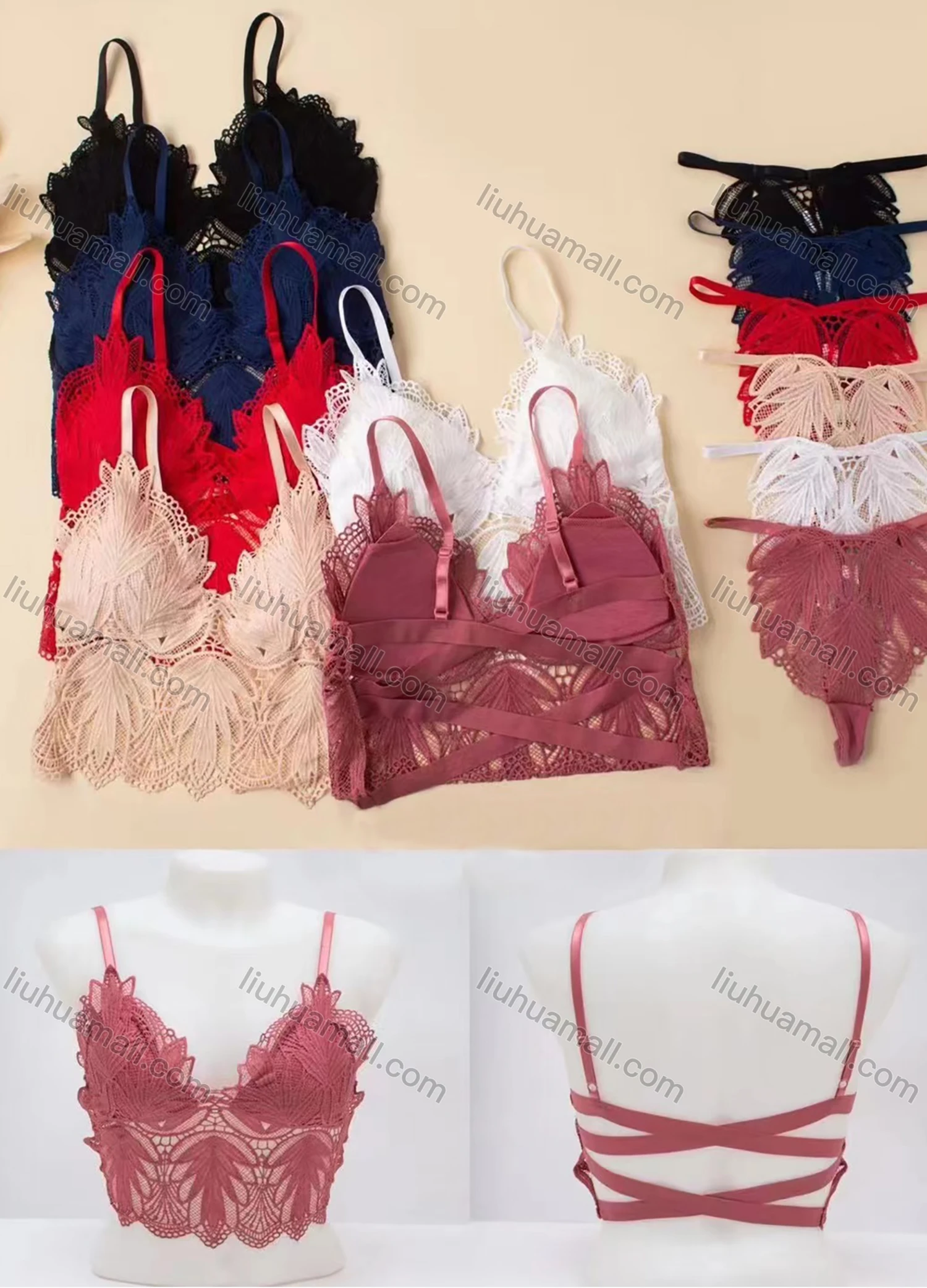 Wholesale Women's Sexy Lace Criss Cross Bralette Bra & Brief Lingerie Set L-67733# - Liuhuamall
