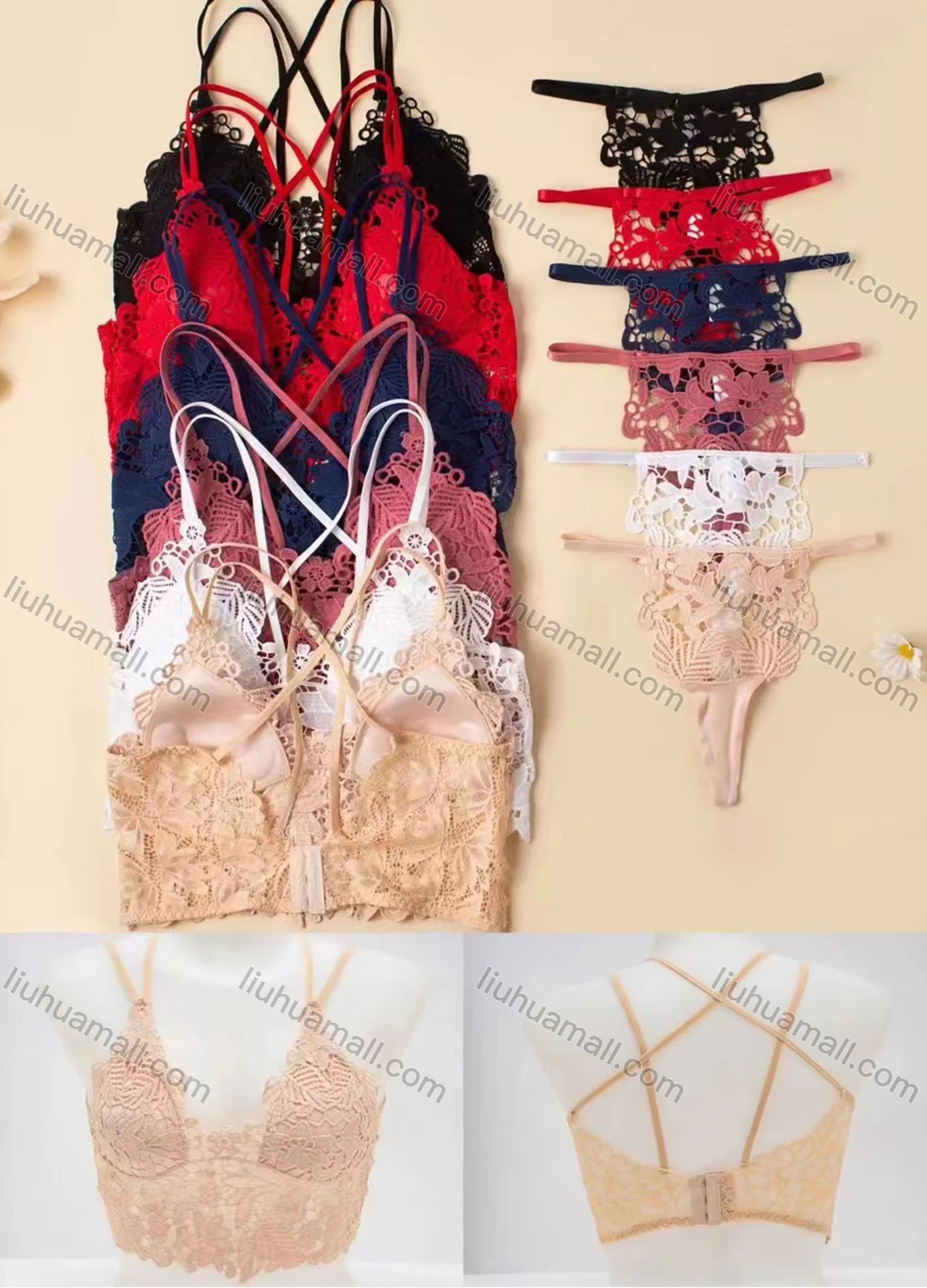 Wholesale Women's Sexy Lace Spaghetti Strap Bralette Bra & Thongs Lingerie Set LL-85120# - Liuhuamall