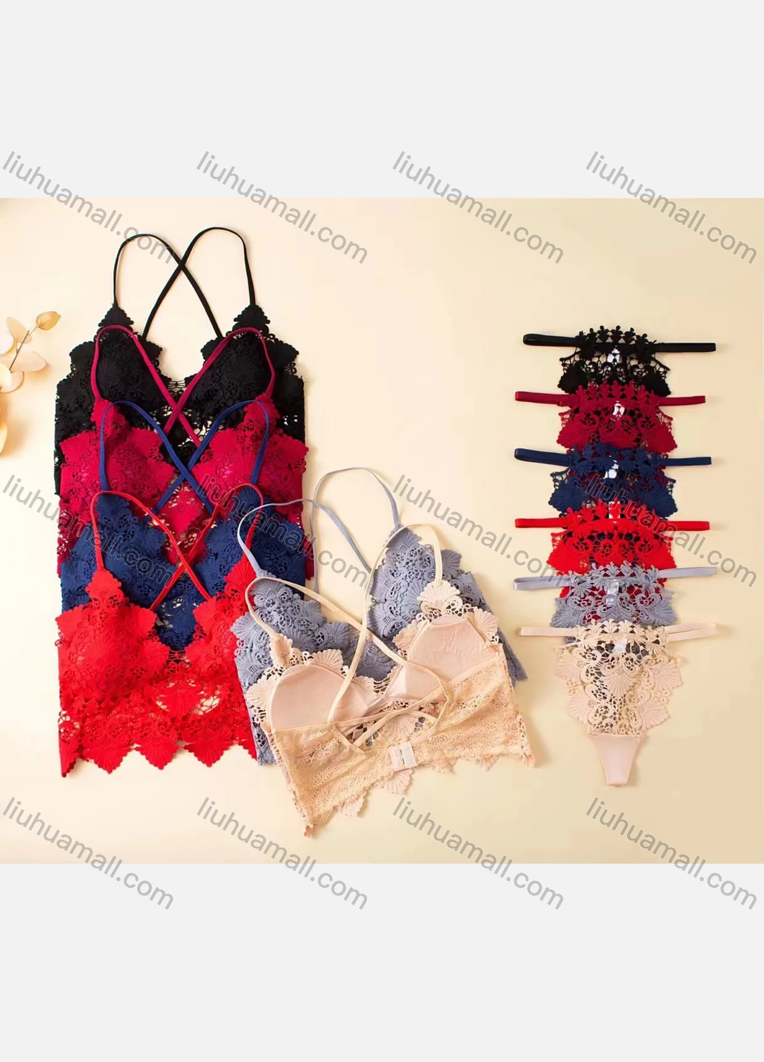 Wholesale Women's Sexy Lace Spaghetti Strap Bralette Bra & Thongs Lingerie Set - Liuhuamall
