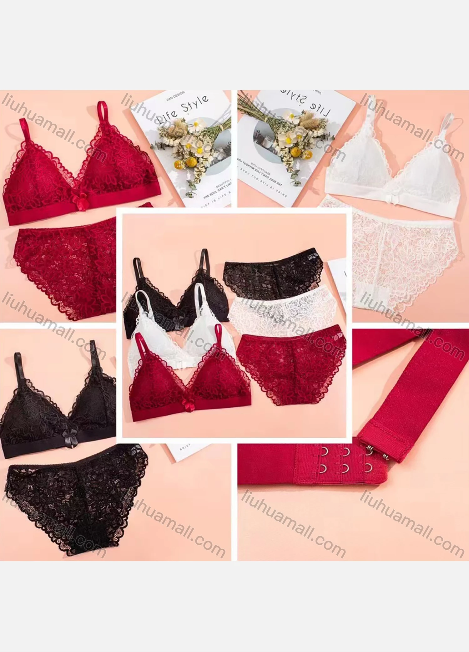 Wholesale Women's Sexy Lace Spaghetti Strap Bra & Brief Lingerie Set - Liuhuamall