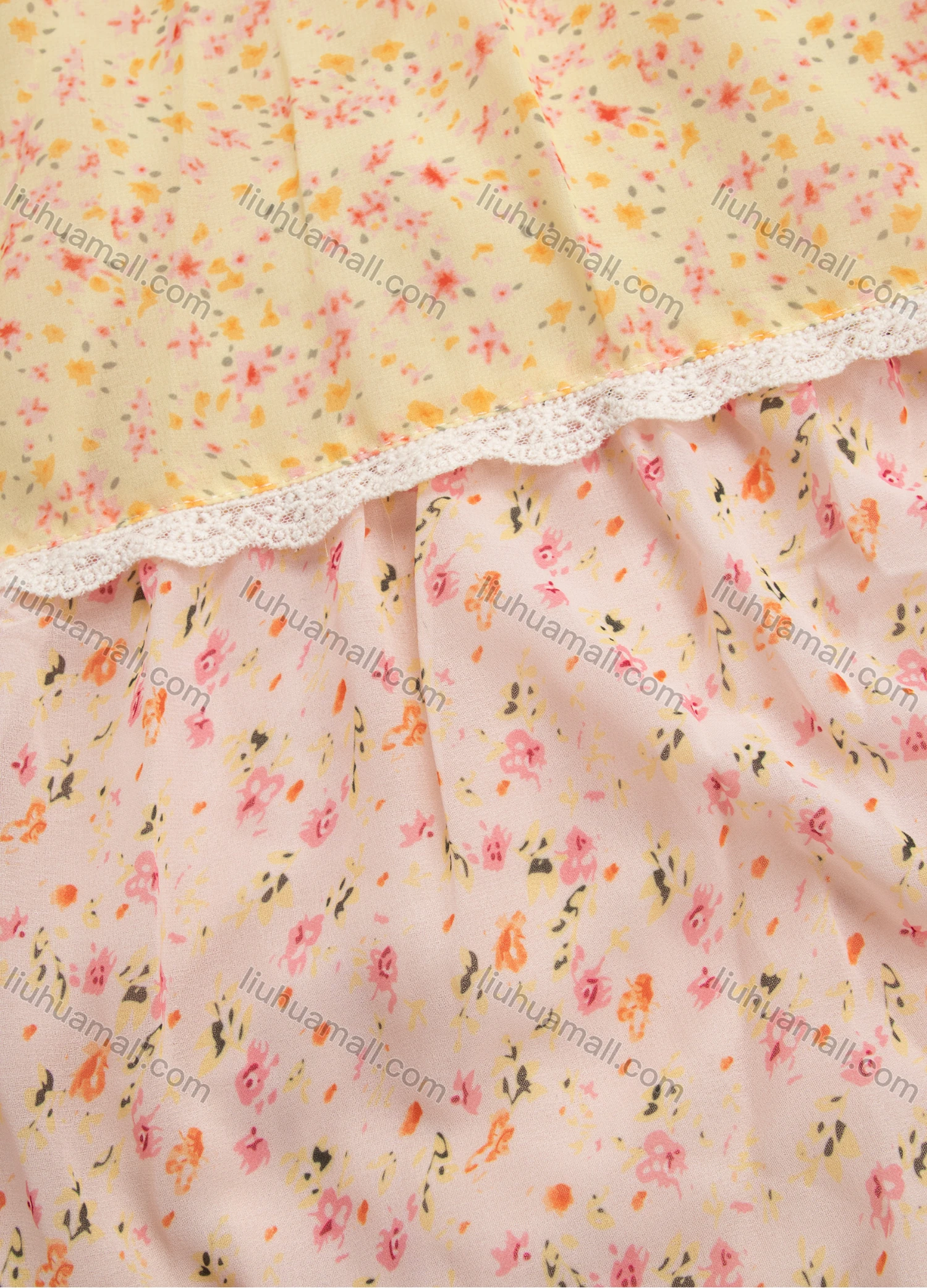 Wholesale Women's Casual Chiffon Floral Print Lace Up Colorblock Lace Trim Ruffle Hem Maxi Cami Dress - Liuhuamall