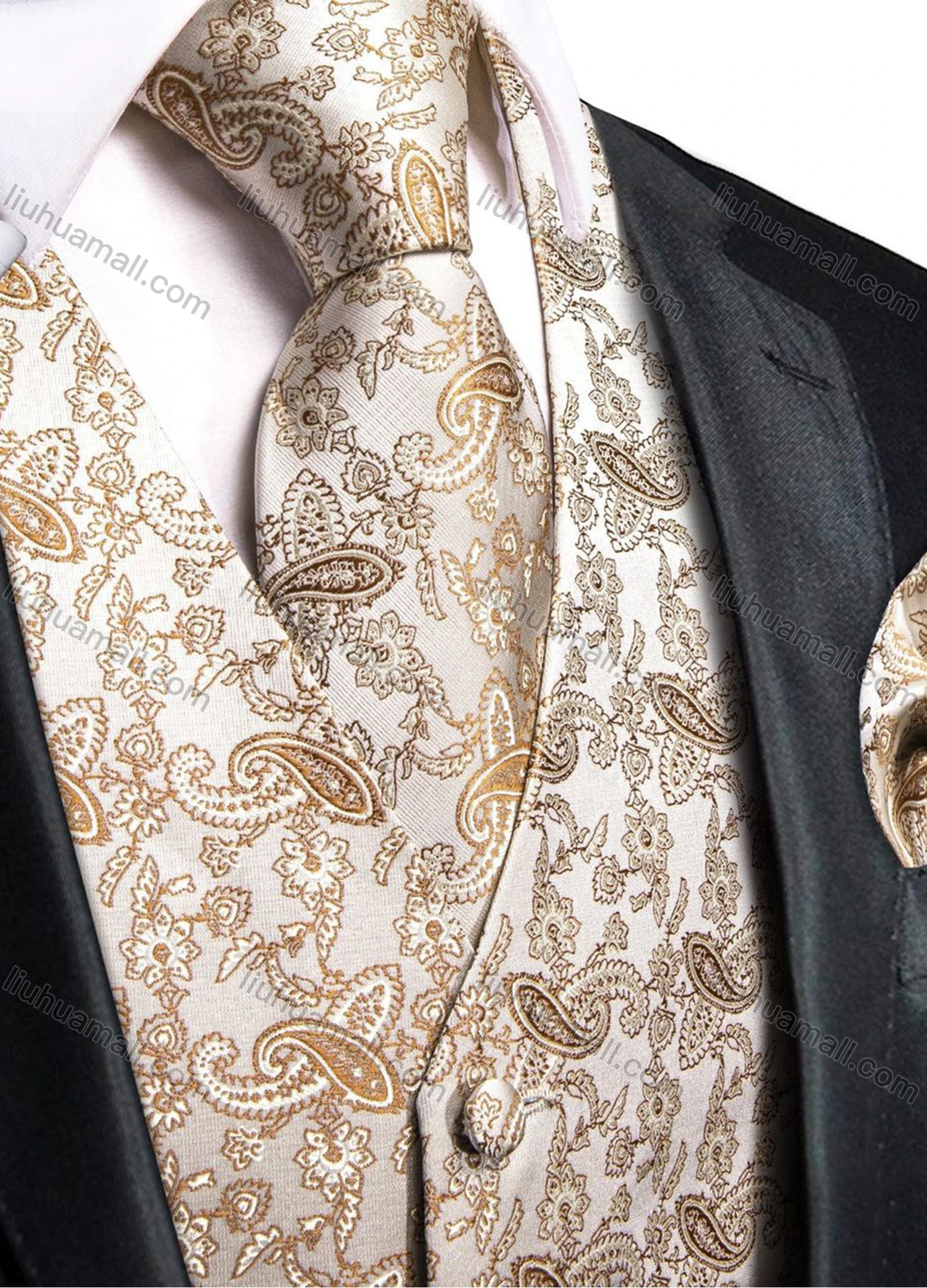 Wholesale Men's Formal Paisley Print Silky Waistcoat With Necktie & Kerchief & Cufflinks 4-piece Set - Liuhuamall