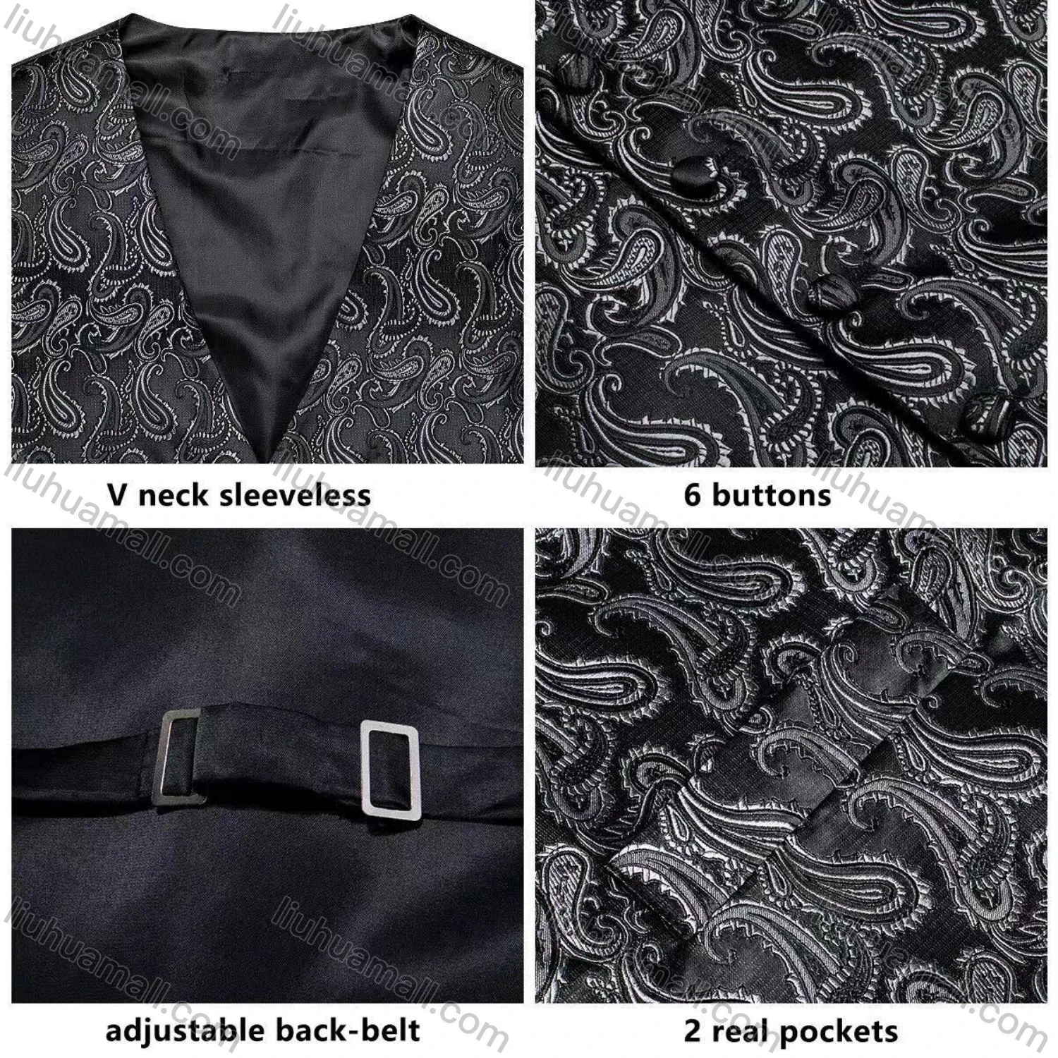Wholesale Men's Formal Paisley Print Silky Waistcoat With Necktie & Kerchief & Cufflinks 4-piece Set - Liuhuamall