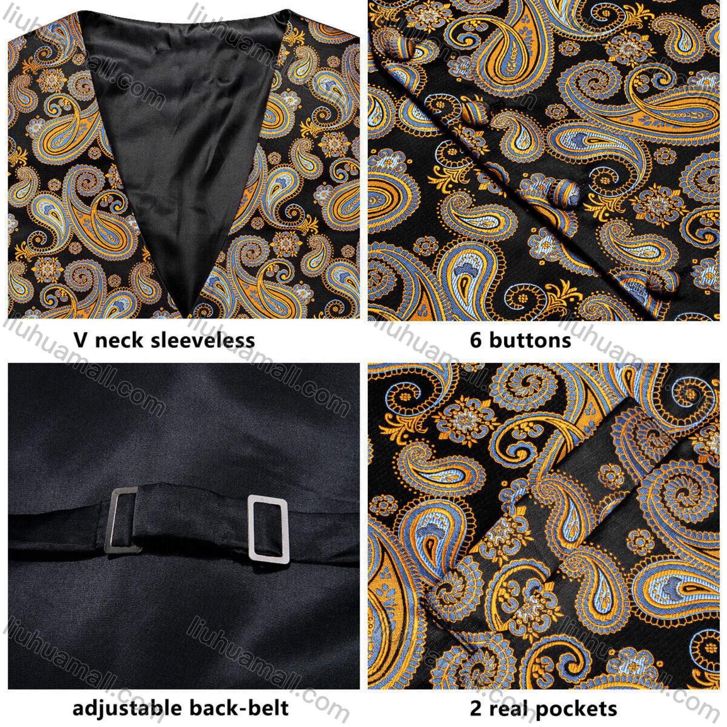Wholesale Men's Formal Paisley Print Single Breasted Silky Waistcoat With Necktie & Kerchief & Cufflinks 4-piece Set - Liuhuamall