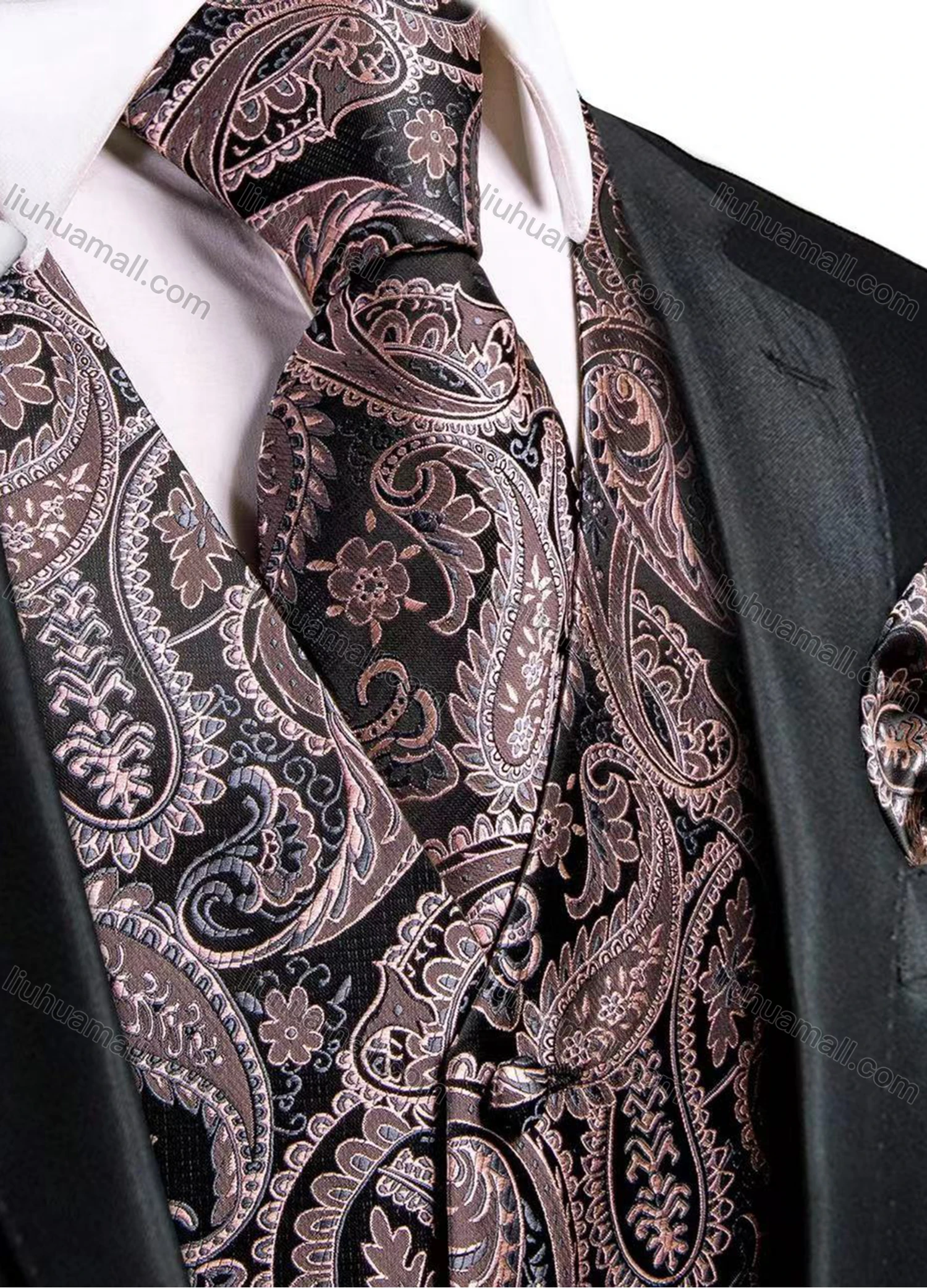Wholesale Men's Formal Paisley Print Single Breasted Silky Waistcoat With Necktie & Kerchief & Cufflinks 4-piece Set - Liuhuamall