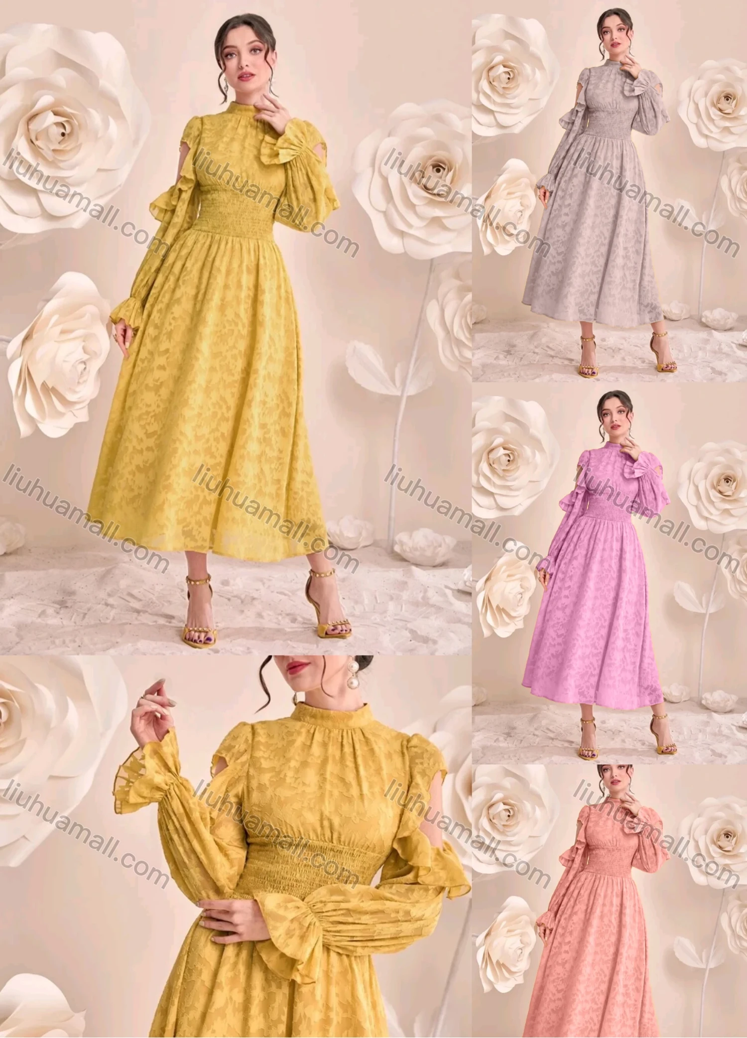 Wholesale Women's Elegant Mock Neck Shirred Cut Out Long Sleeve Ruched Ruffle Hem Maxi Dress - Liuhuamall