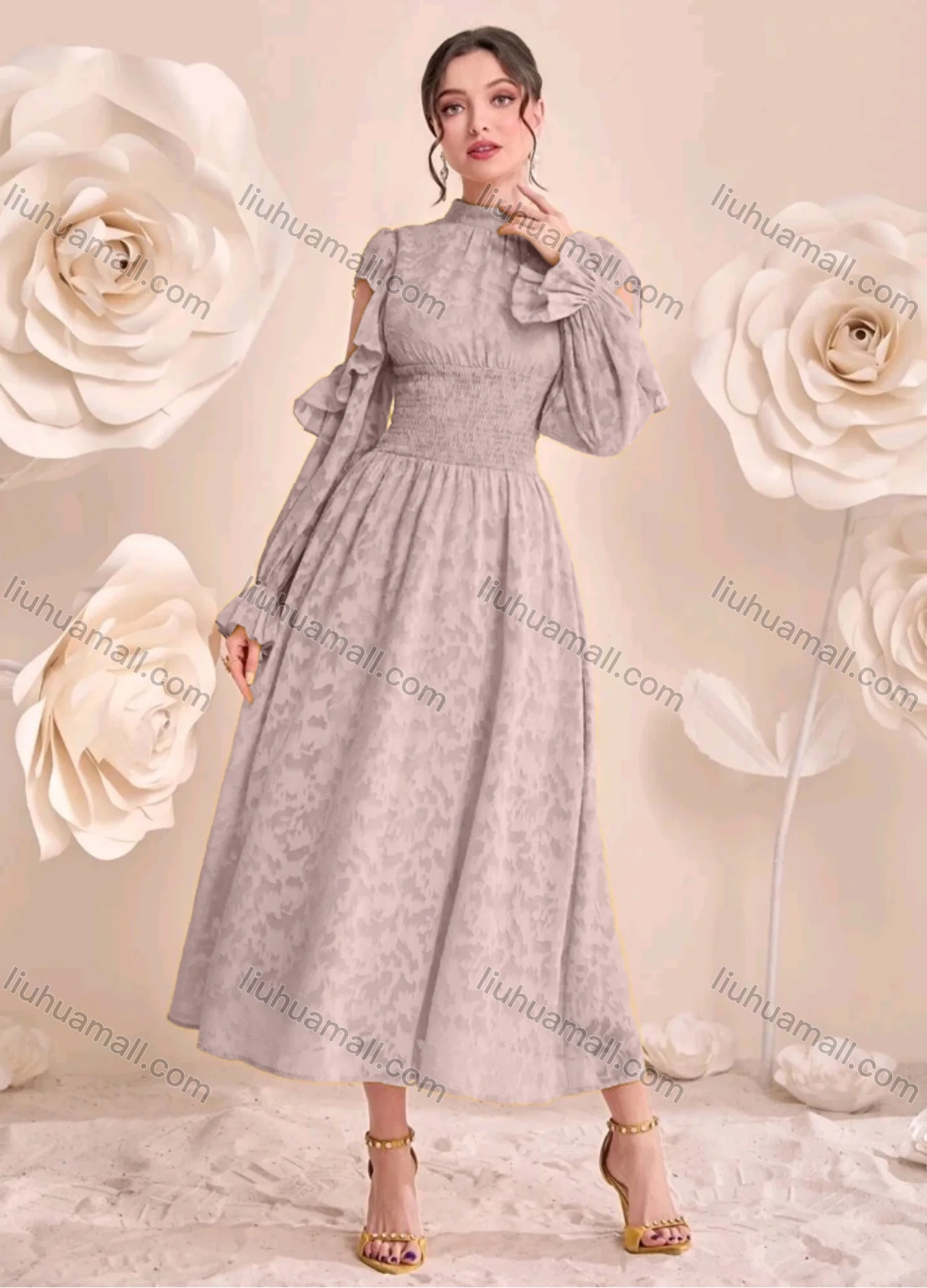 Wholesale Women's Elegant Mock Neck Shirred Cut Out Long Sleeve Ruched Ruffle Hem Maxi Dress - Liuhuamall