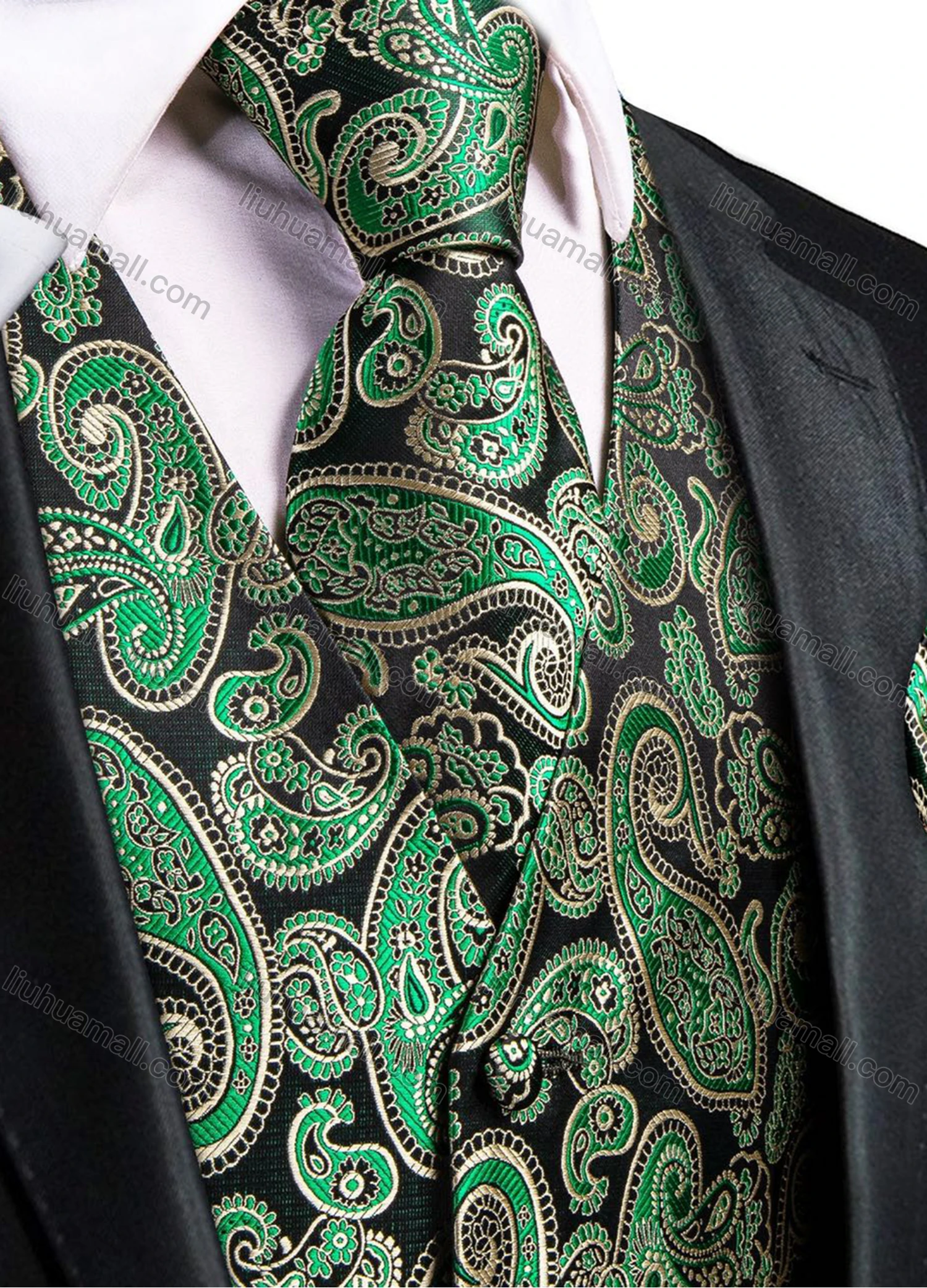 Wholesale Men's Formal Paisley Print Silky Waistcoat With Necktie & Kerchief & Cufflinks 4-piece Set - Liuhuamall