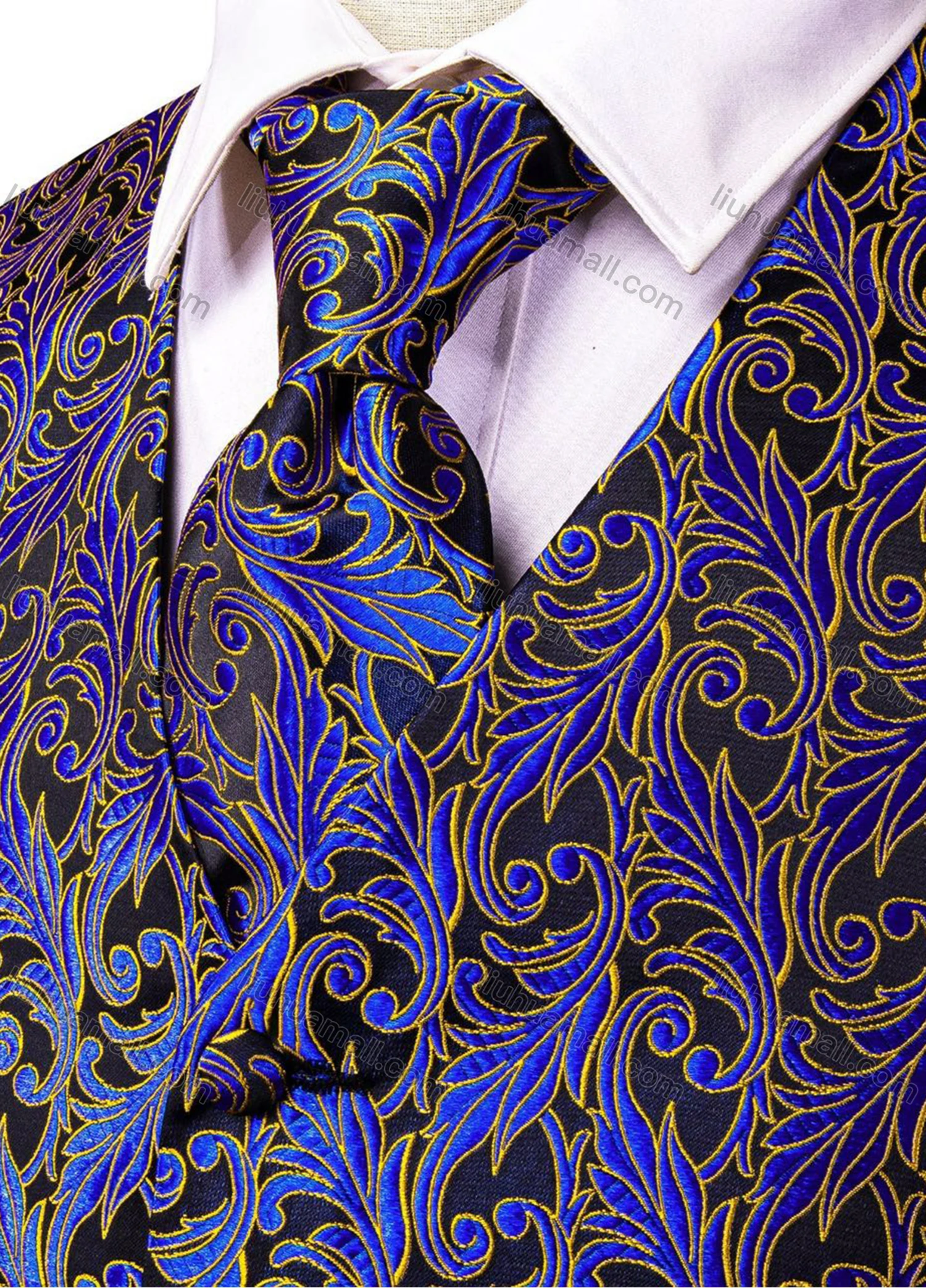 Wholesale Men's Formal Floral Print Silky Waistcoat With Necktie & Kerchief & Cufflinks 4-piece Set - Liuhuamall