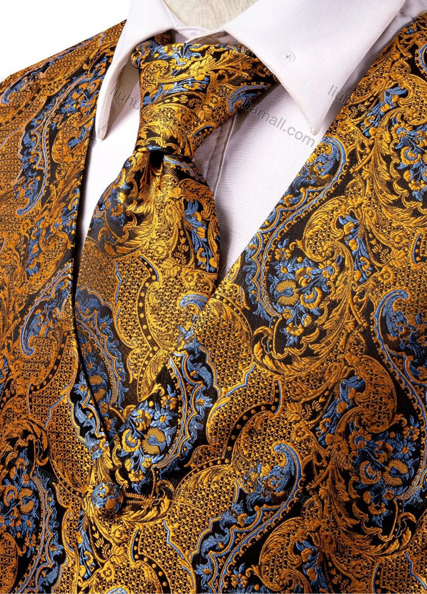 Wholesale Men's Formal Paisley Print Silky Waistcoat With Necktie & Kerchief & Cufflinks 4-piece Set - Liuhuamall