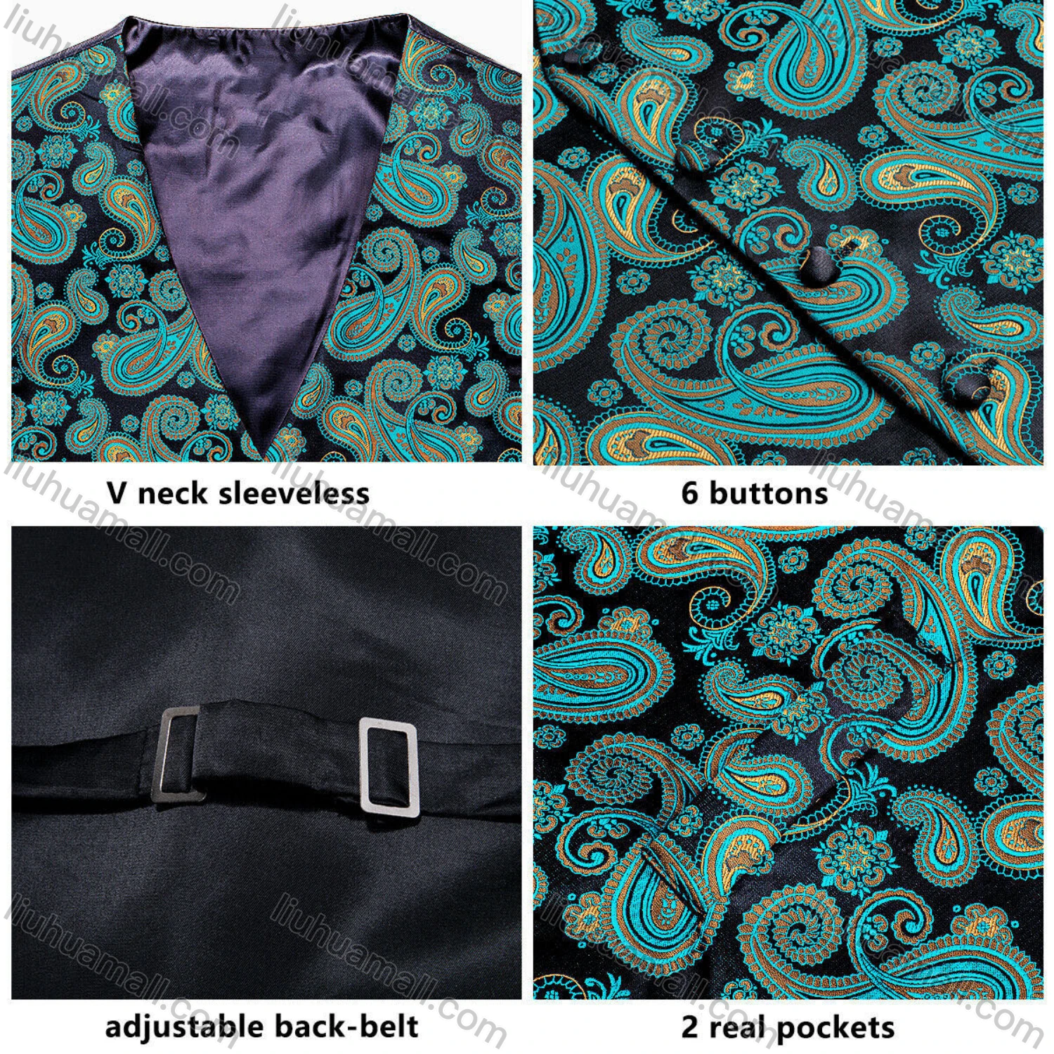Wholesale Men's Formal Paisley Print Silky Waistcoat With Necktie & Kerchief & Cufflinks 4-piece Set - Liuhuamall