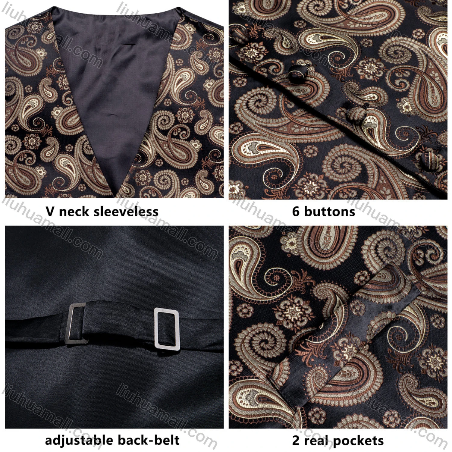 Wholesale Men's Formal Paisley Print Silky Waistcoat With Necktie & Kerchief & Cufflinks 4-piece Set - Liuhuamall