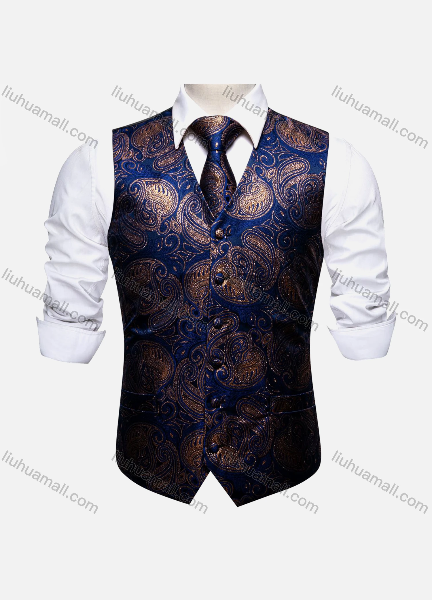 Wholesale Men's Formal Paisley Print Silky Waistcoat With Necktie 2-piece Set - Liuhuamall