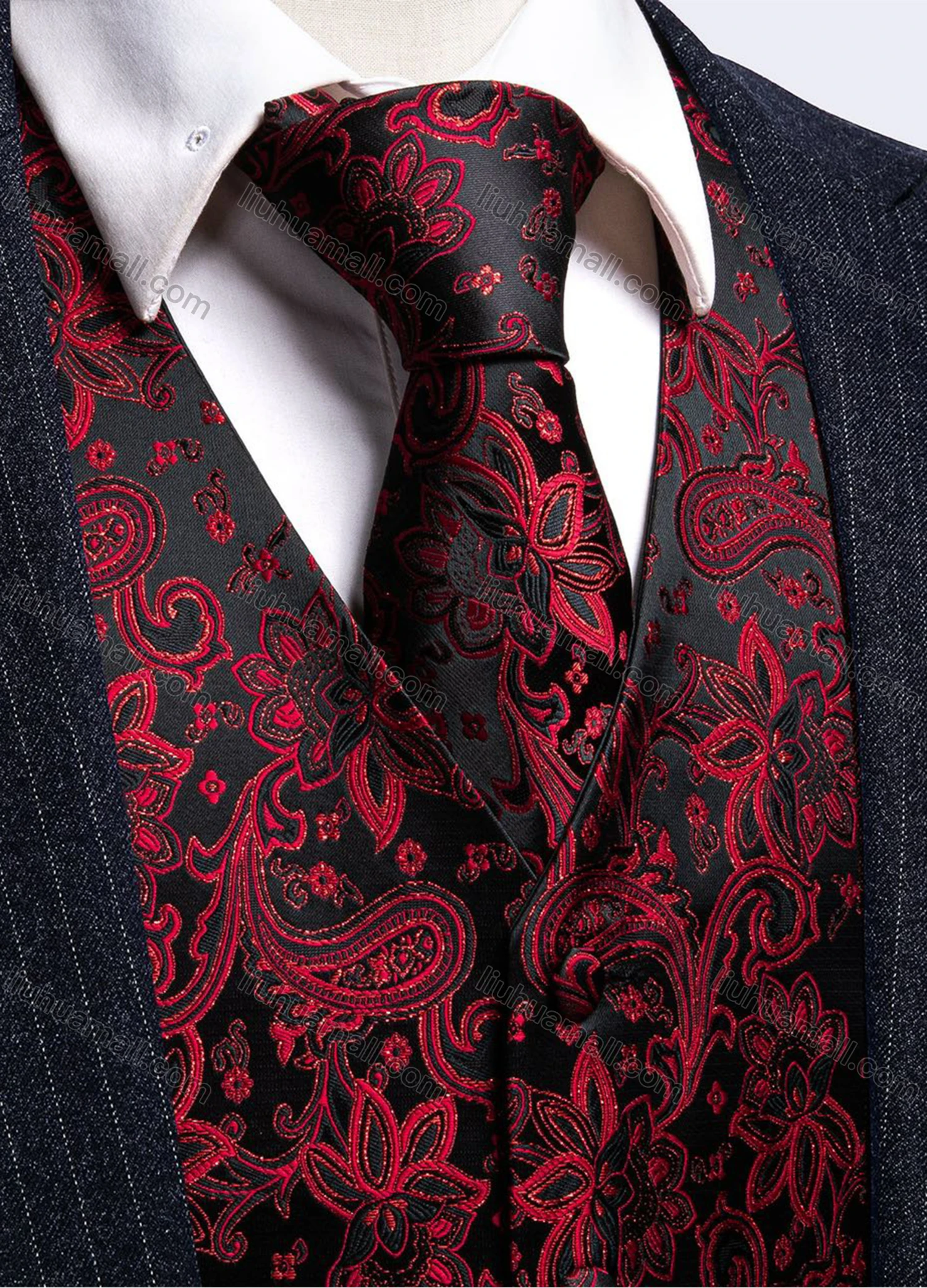 Wholesale Men's Formal Floral Print Silky Waistcoat With Necktie 2-piece Set - Liuhuamall