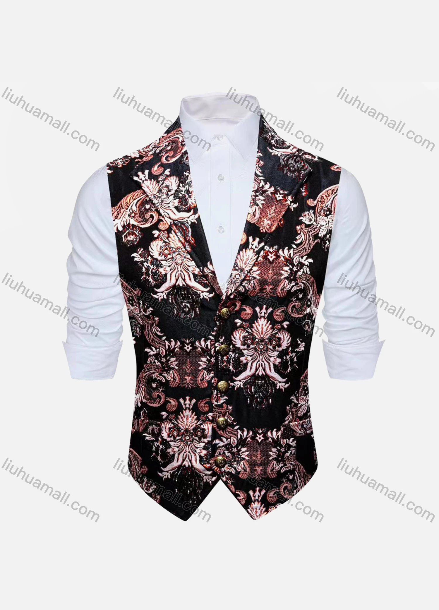 Wholesale Men's Vintage Lapel Allover Print Single Breasted Silky Waistcoat - Liuhuamall