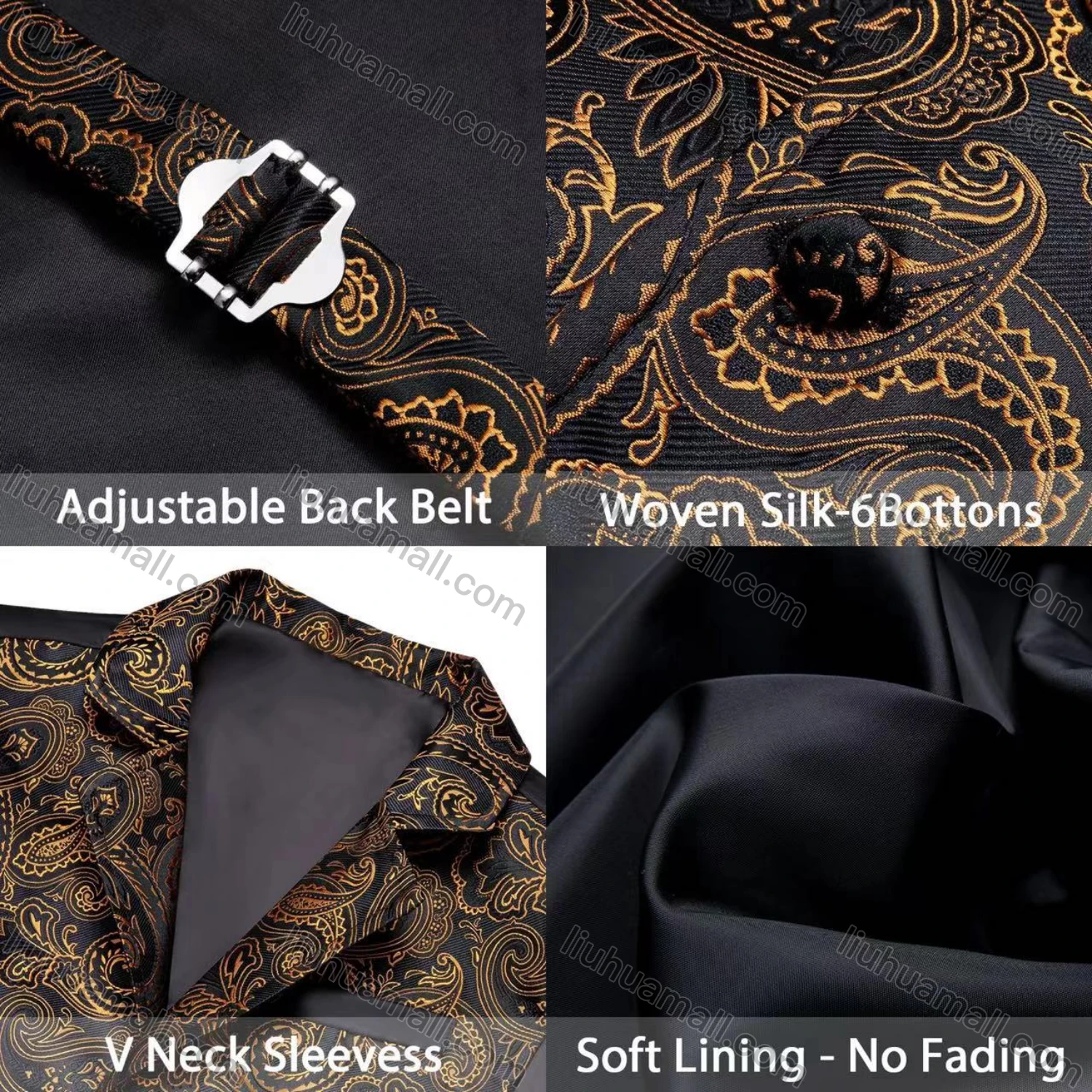 Wholesale Men's Vintage Lapel Embroidered Single Breasted Silky Waistcoat - Liuhuamall