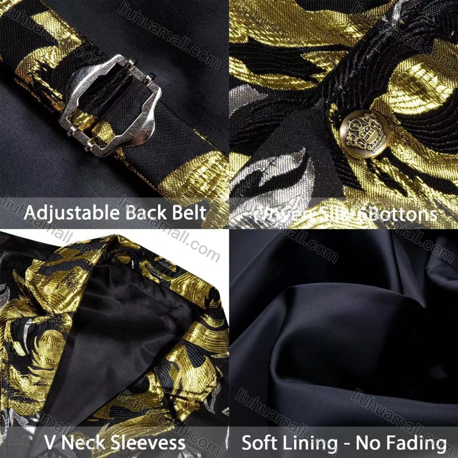 Wholesale Men's Vintage Lapel Gold Thread Embroidery Single Breasted Silky Waistcoat - Liuhuamall