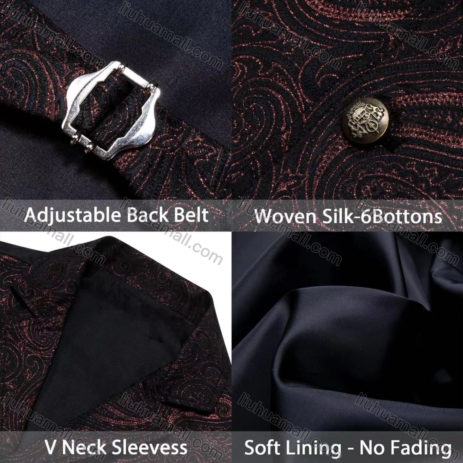 Wholesale Men's Vintage Lapel Paisley Print Single Breasted Silky Waistcoat - Liuhuamall