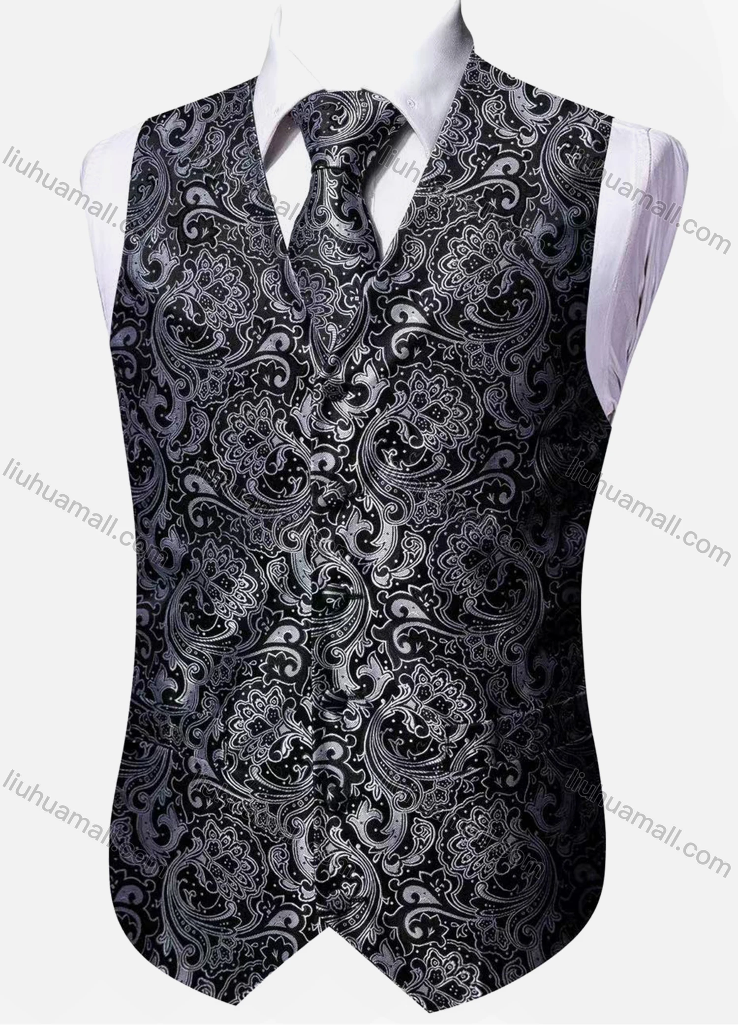 Wholesale Men's Formal Floral Print V Neck Single Breasted Silky Waistcoat & Necktie 2-piece Set - Liuhuamall