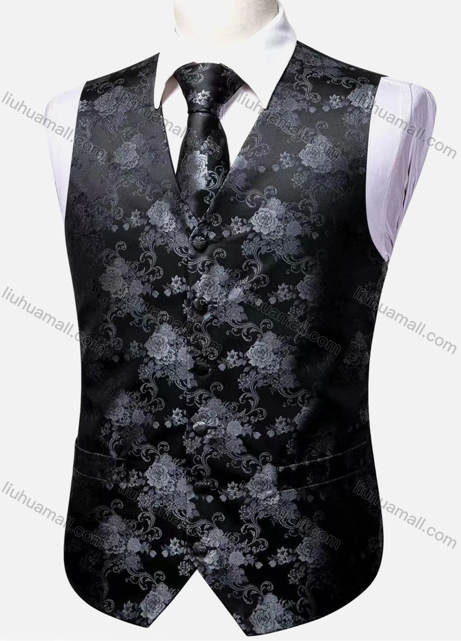 Wholesale Men's Formal Floral Print V Neck Single Breasted Silky Waistcoat & Necktie 2-piece Set - Liuhuamall