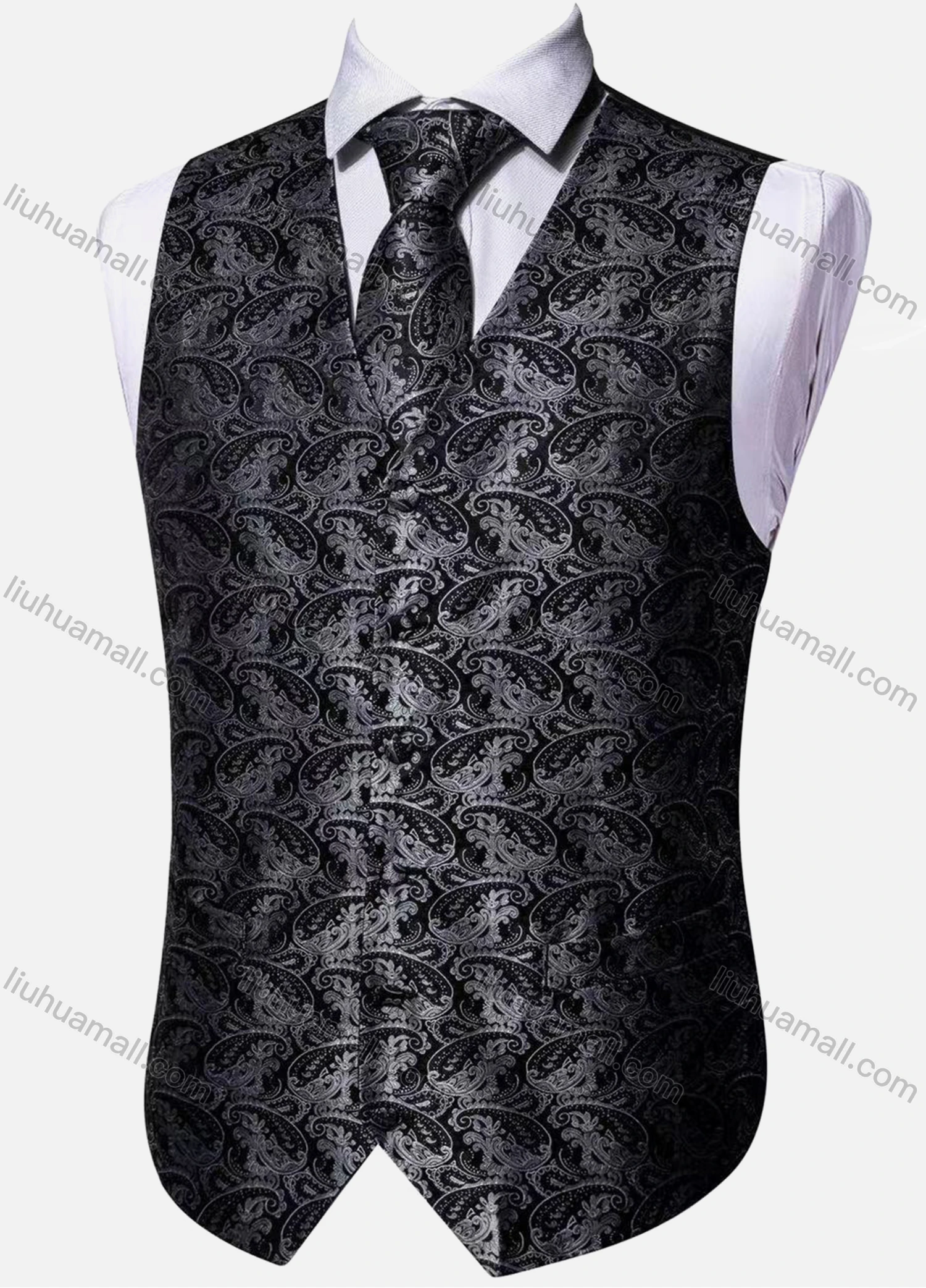 Wholesale Men's Formal Paisley Print V Neck Single Breasted Silky Waistcoat & Necktie 2-piece Set - Liuhuamall
