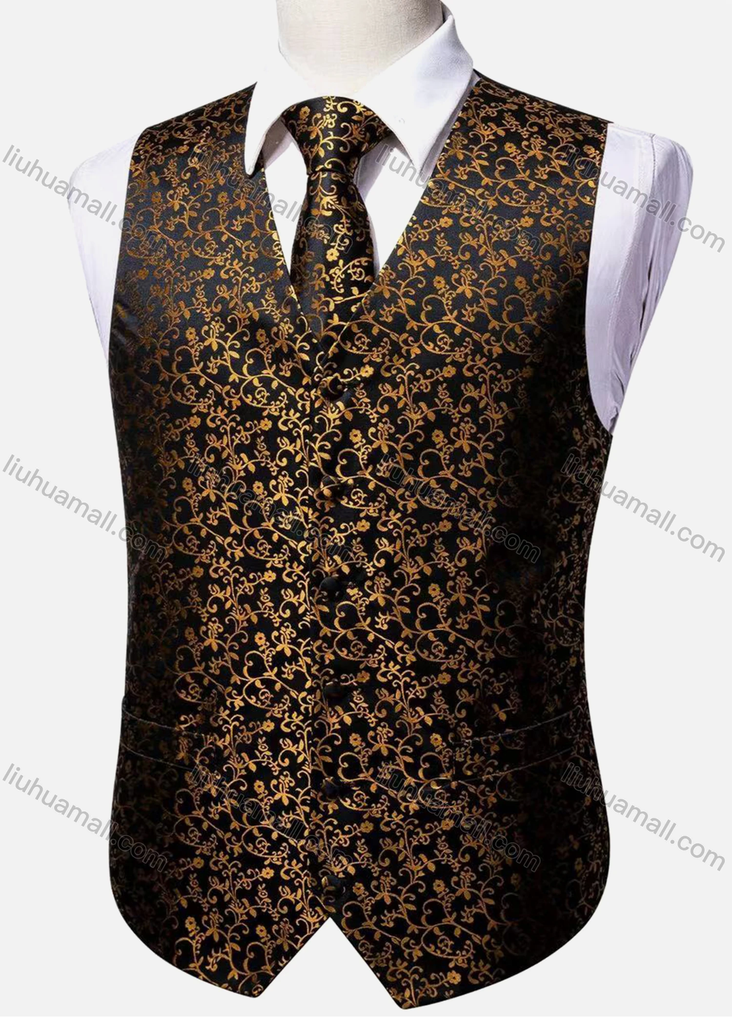 Wholesale Men's Vintage Floral Print V Neck Single Breasted Silky Waistcoat & Necktie 2-piece Set - Liuhuamall